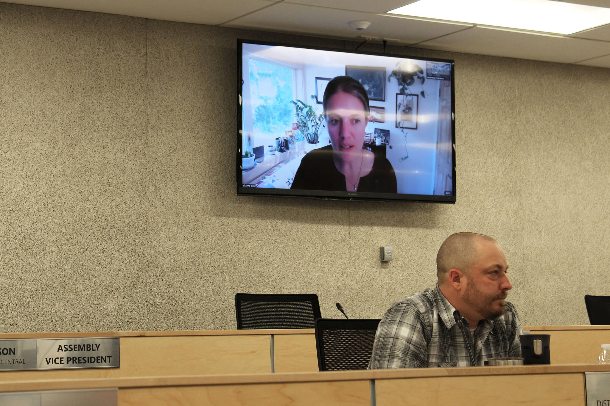 Alaska Chief Medical Officer Dr. Anne Zink answers questions from members of the Kenai Peninsula Borough Assembly on Tuesday, Sept. 7, 2021 in Soldotna, Alaska. (Ashlyn O’Hara/Peninsula Clarion)