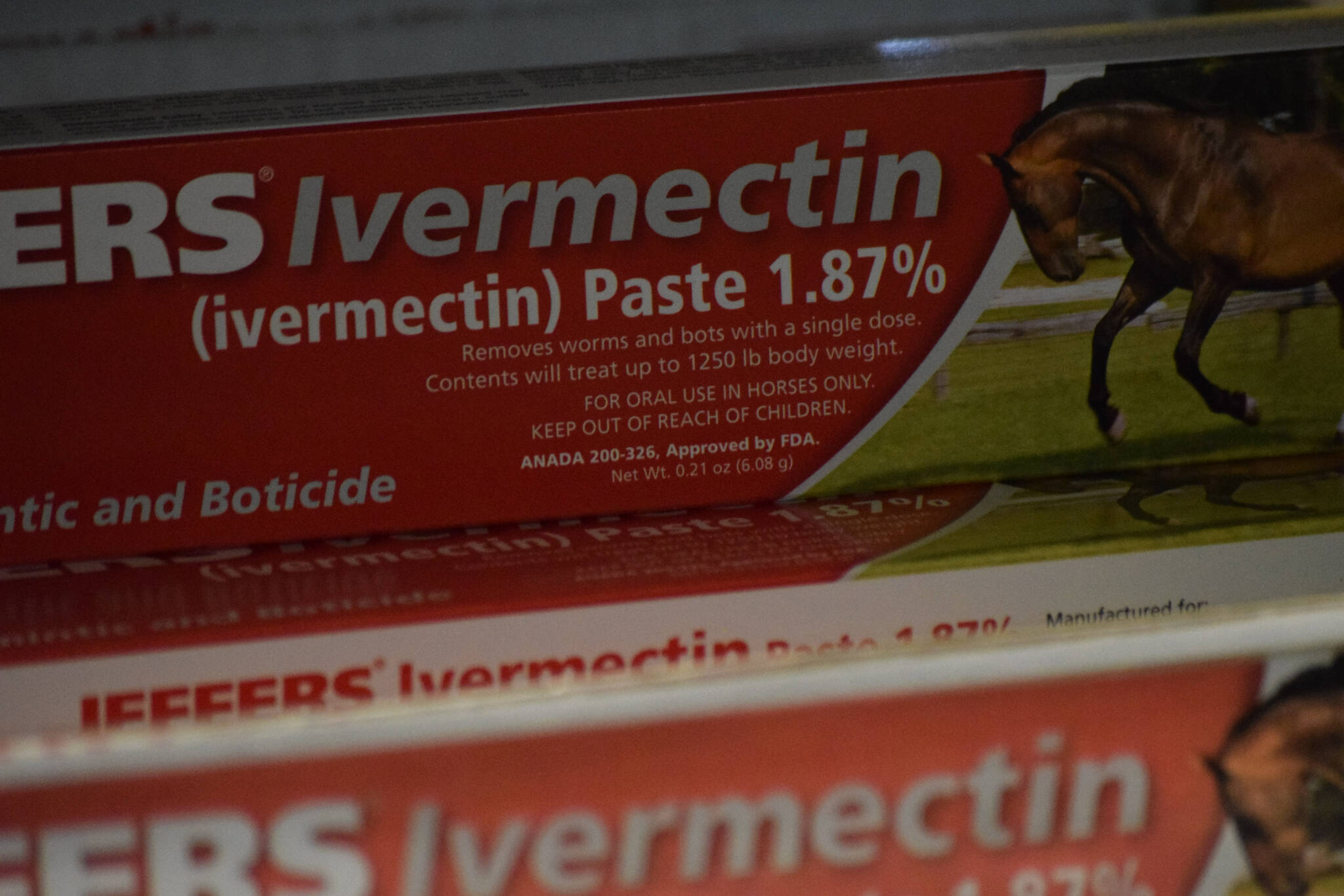 Horse ivermectin paste is for sale at Kenai Feed and Supply on Tuesday, Aug. 24, 2021. (Camille Botello/Peninsula Clarion)