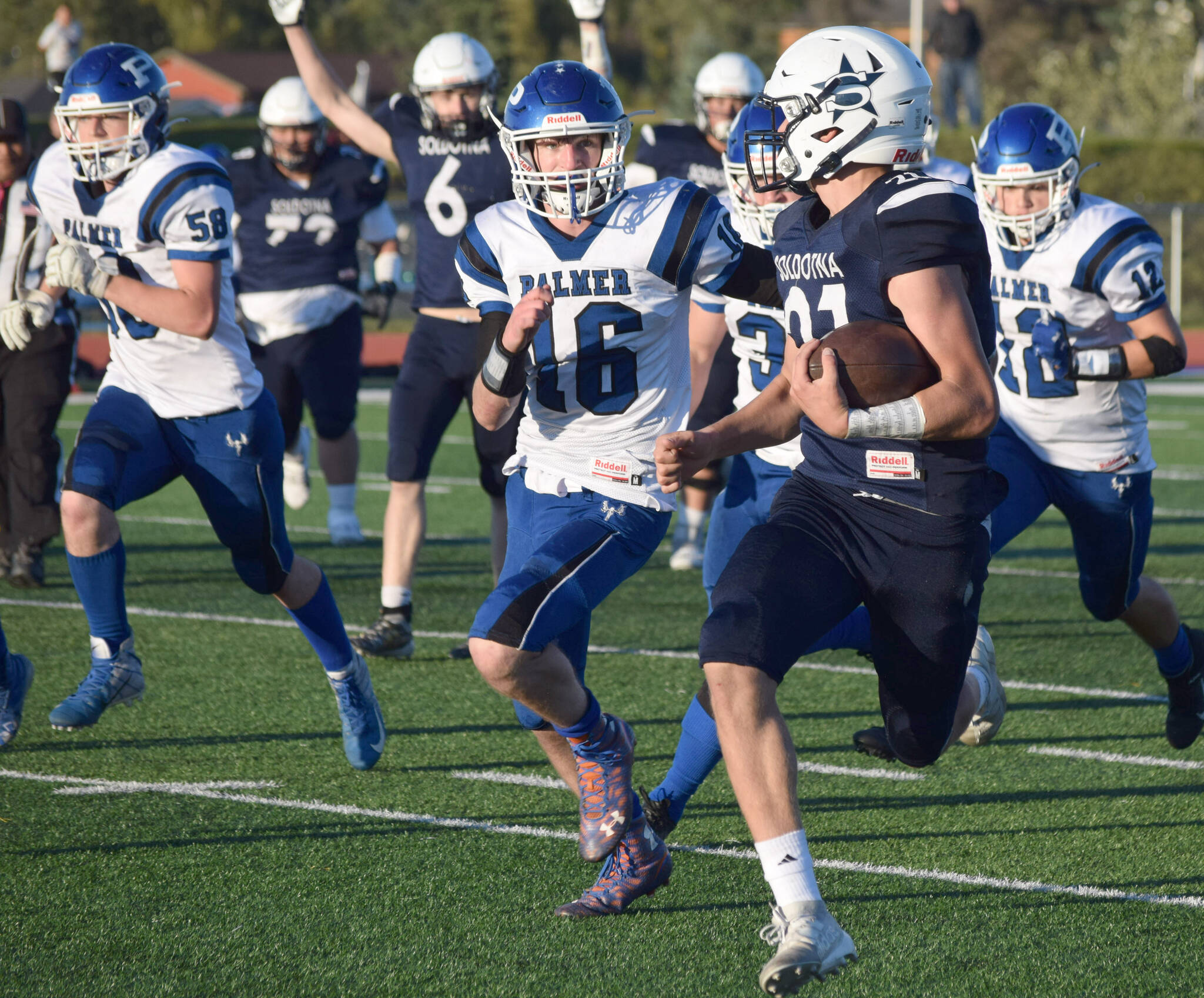 Brayden Taylor runs the ball to the end zone during Soldotna High’s homecoming footall game at Justin Maile Field in Soldotna, Alaska on Friday, Sept. 10, 2021. (Camille Botello/Peninsula Clarion)