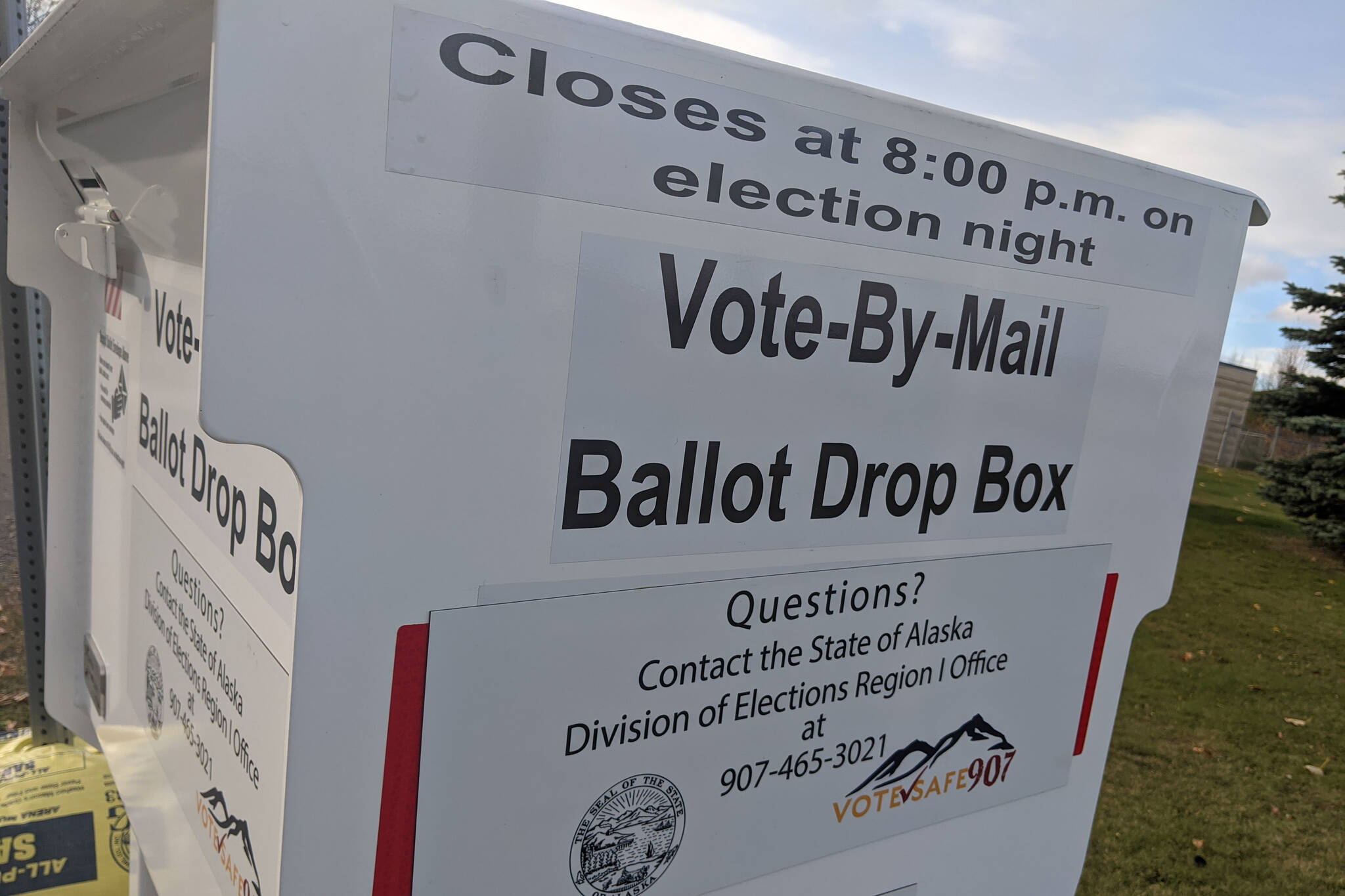 A vote-by-mail ballot box is photographed at the Kenai Peninsula Borough Administration building in Soldotna, Alaska, in October 2020. (Peninsula Clarion file)