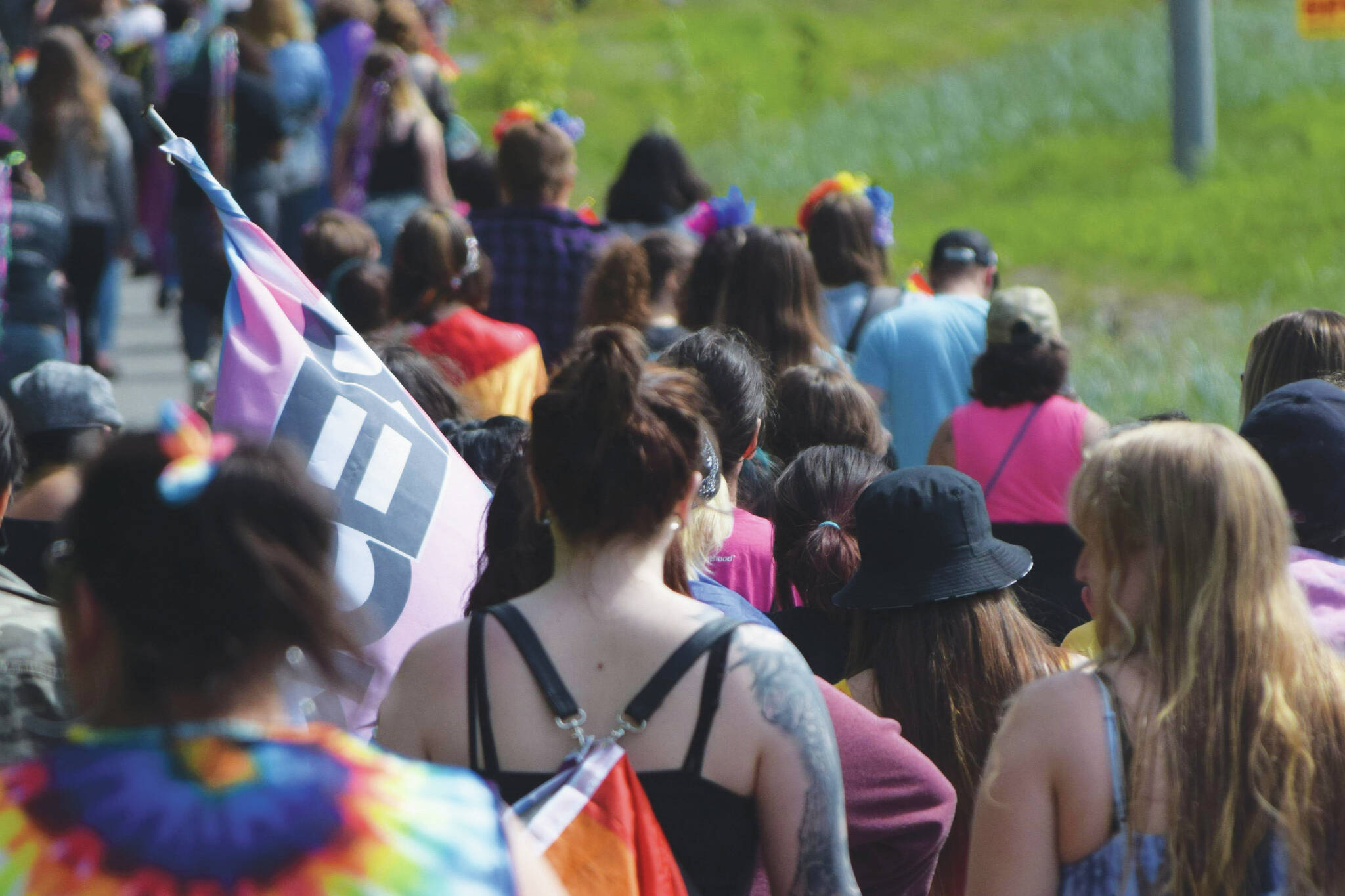 A group spanning the length of five blocks marches in downtown Soldotna, Alaska, to celebrate Pride Month on Saturday, June 12, 2021. (Camille Botello/Peninsula Clarion)