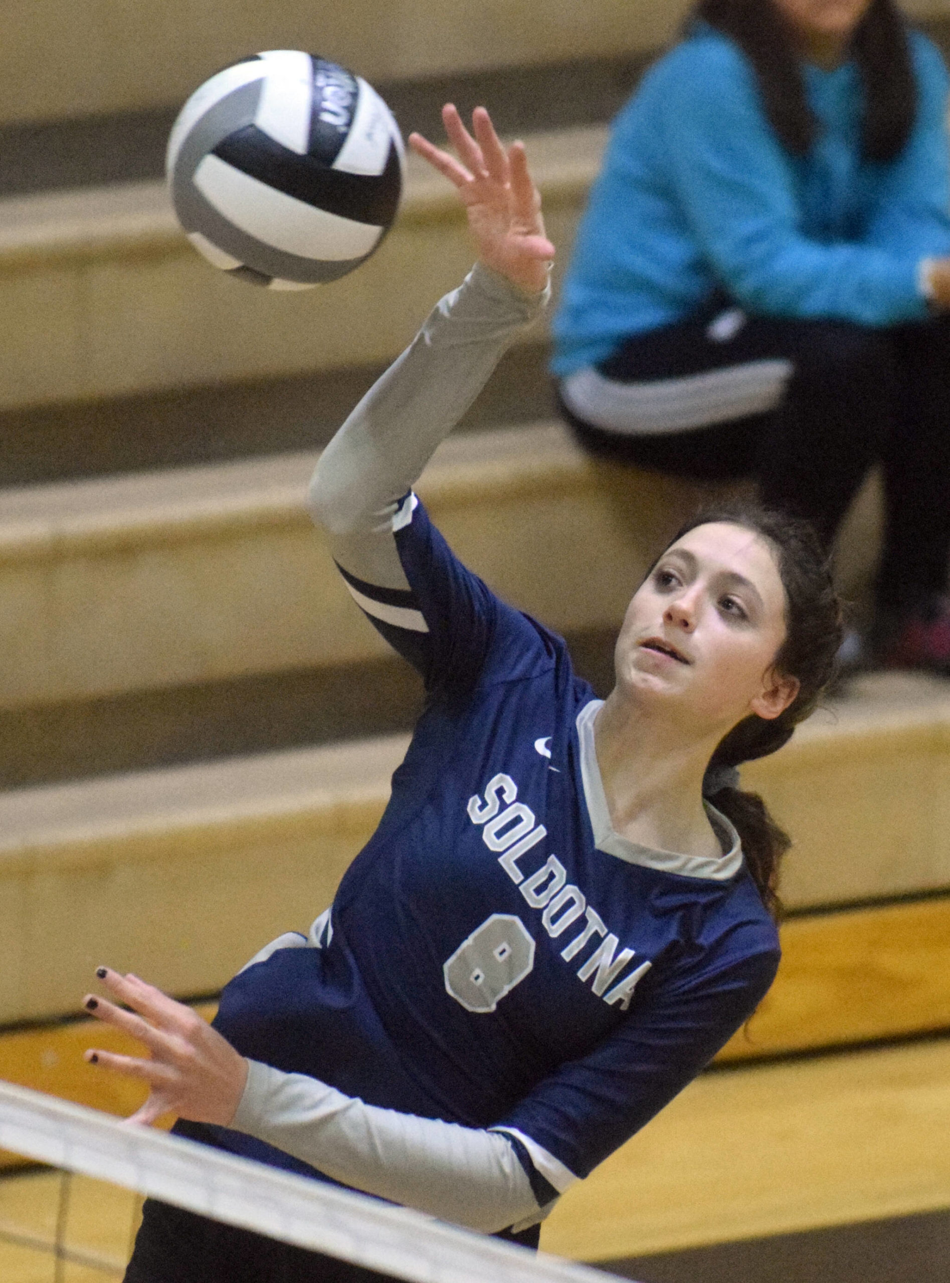 Soldotna’s Adarra Hagelund attacks Nikiski on Tuesday, Sept. 14, 2021, at Nikiski-Middle High School in Nikiski, Alaska. (Photo by Jeff Helminiak/Peninsula Clarion)