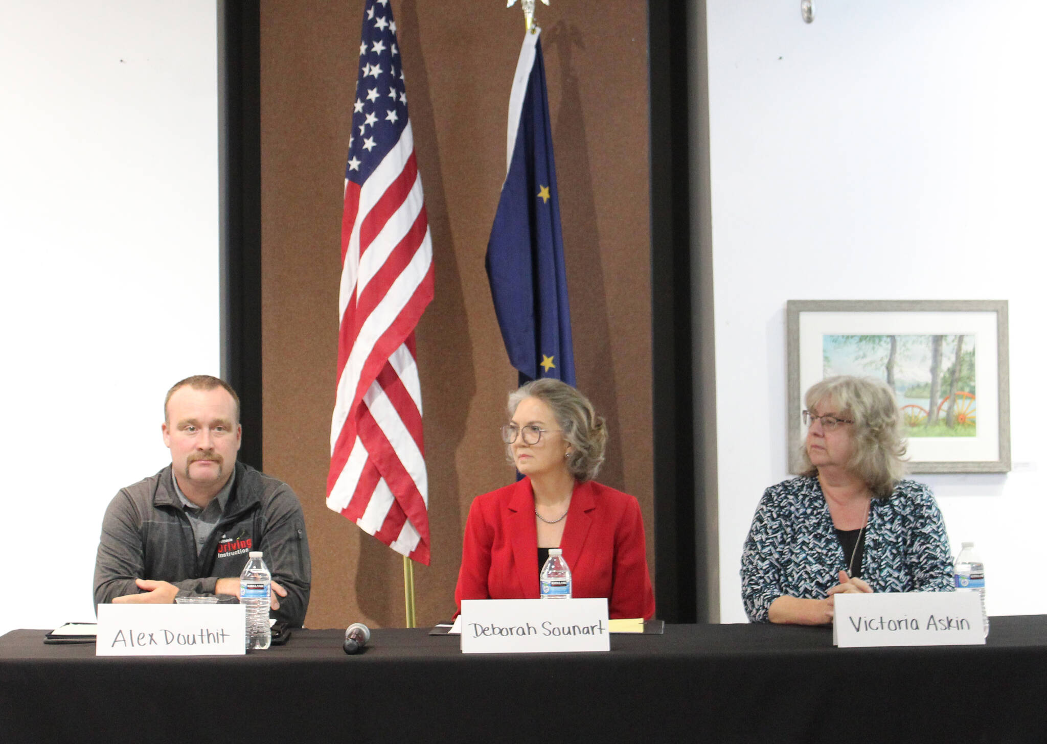 Ashlyn O’Hara / Peninsula Clarion 
From left: Kenai City Council candidates Alex Douthit, Deborah Sounart and Victoria Askin attend an election forum Wednesday at the Kenai Chamber of Commerce and Visitor Center.