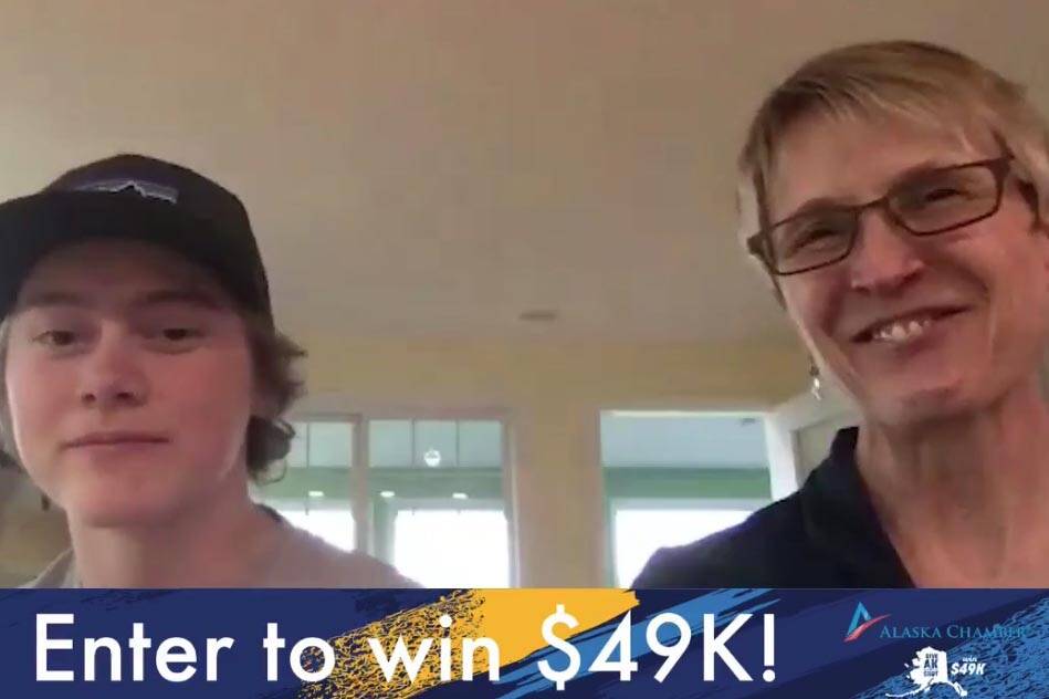 Ethan Benton (left) and Laura Walters of Kodiak win the vaccine lottery for the Alaska Chamber's week one vaccine lottery giveaway "Give AK a Shot." (Screenshot)
