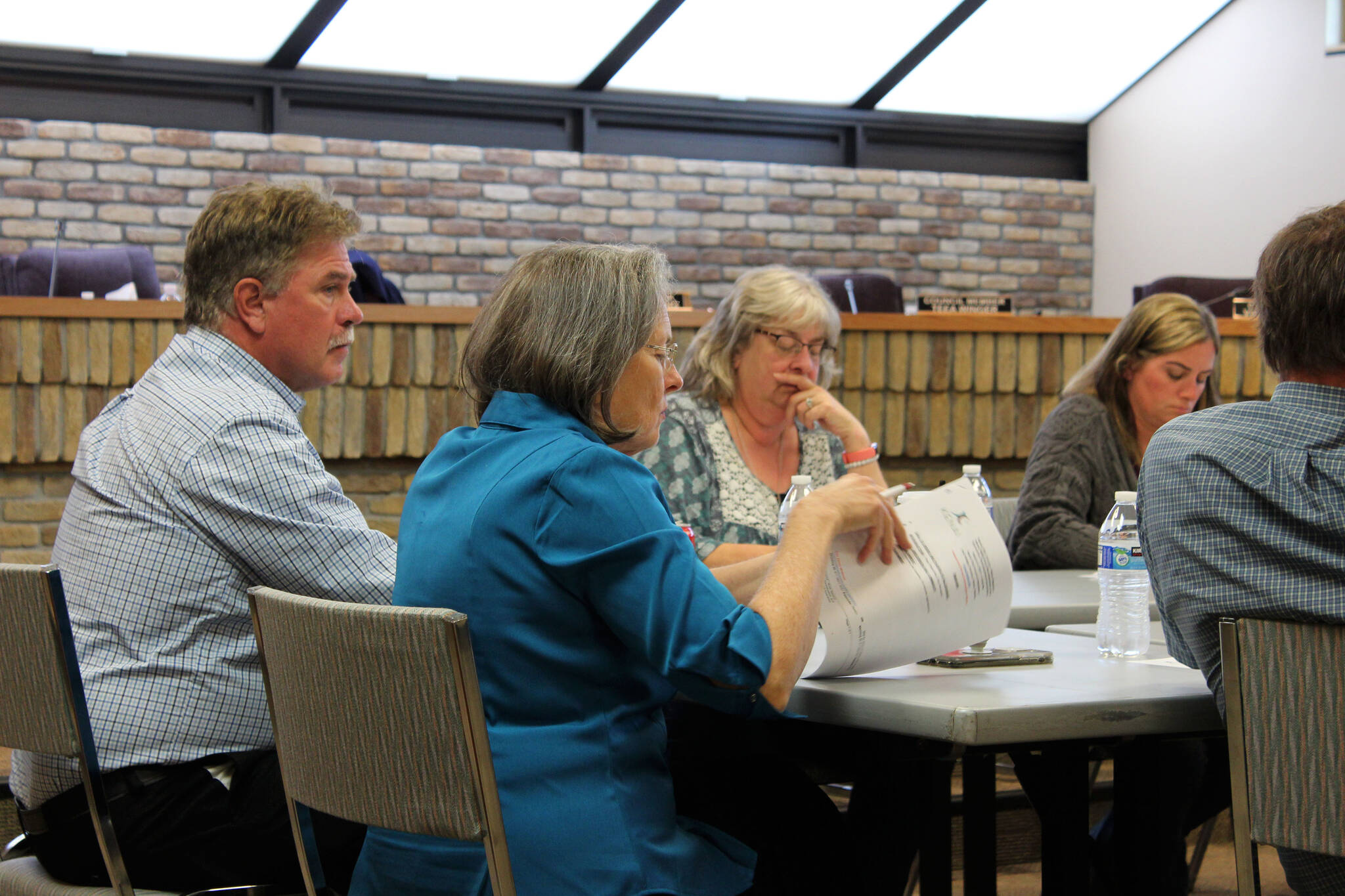 Members of the Kenai City Council convene at a work session on Wednesday, Aug. 5, 2021 in Kenai, Alaska. (Ashlyn O’Hara/Peninsula Clarion)