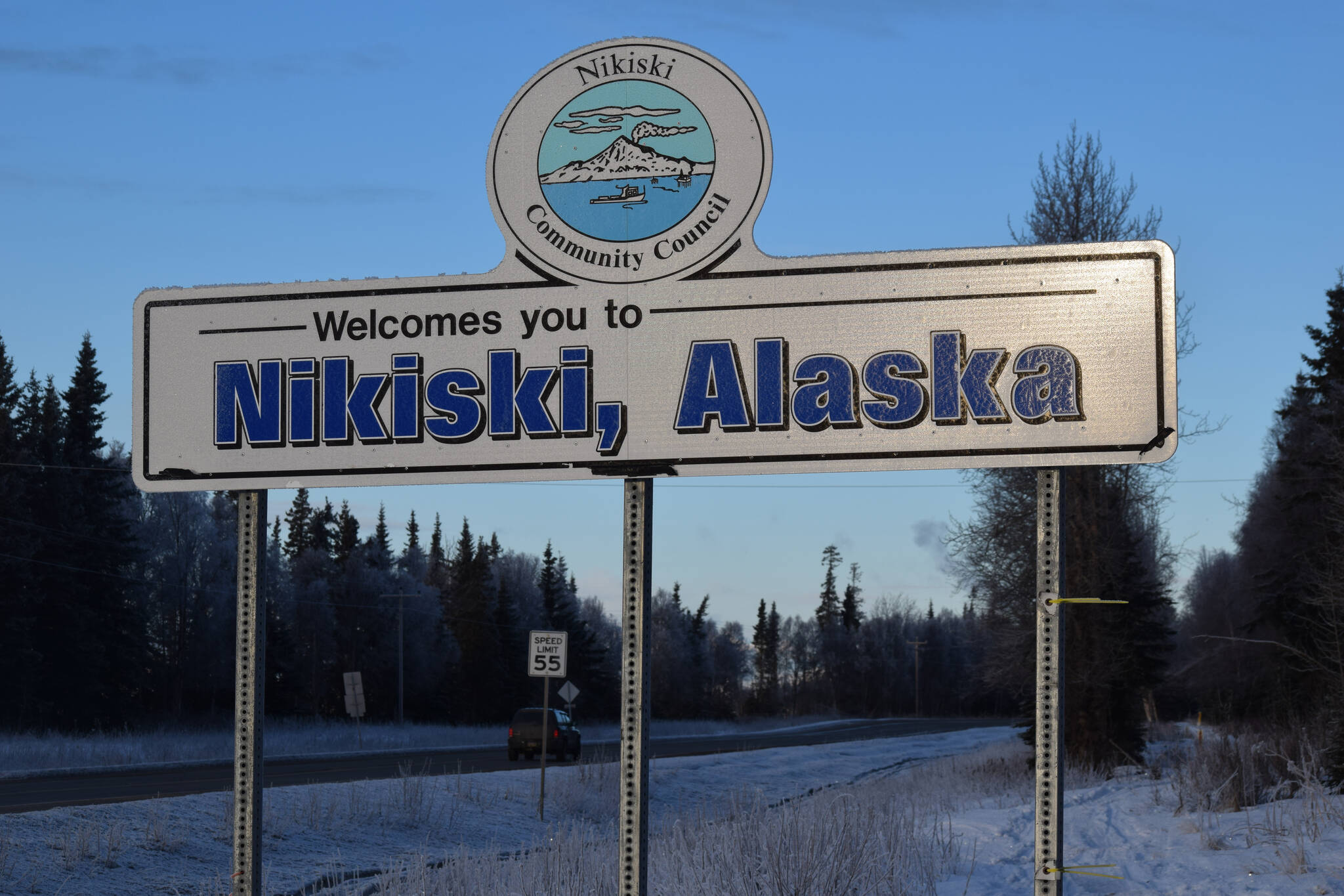 A roadside sign welcomes drivers to Nikiski, Alaska, on Jan. 7, 2019. (Clarion file)