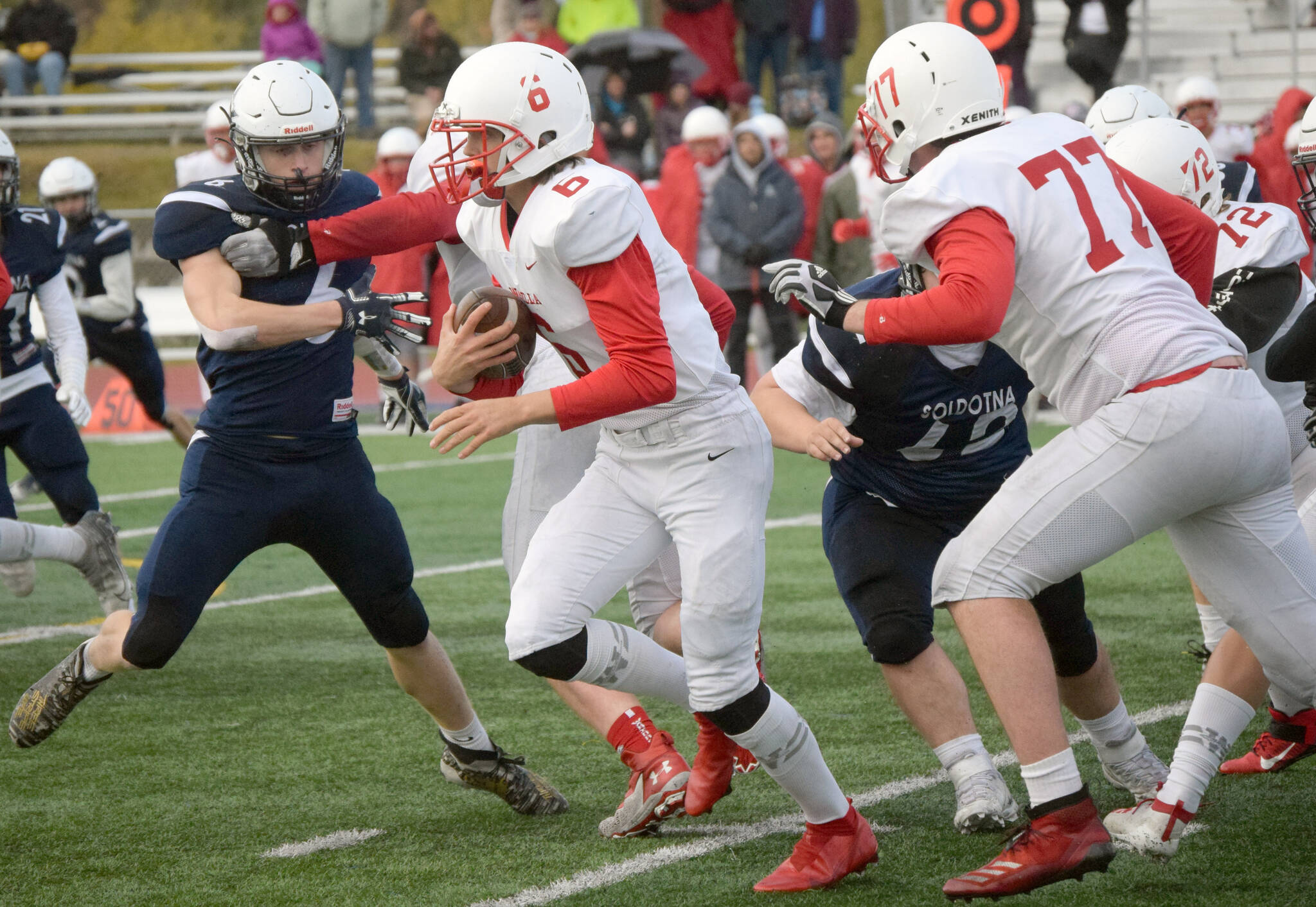 Wasilla quarterback Jacob Mahoney breaks free against Soldotna on Friday, Sept. 24, 2021, at Justin Maile Field in Soldotna, Alaska. (Photo by Jeff Helminiak/Peninsula Clarion)