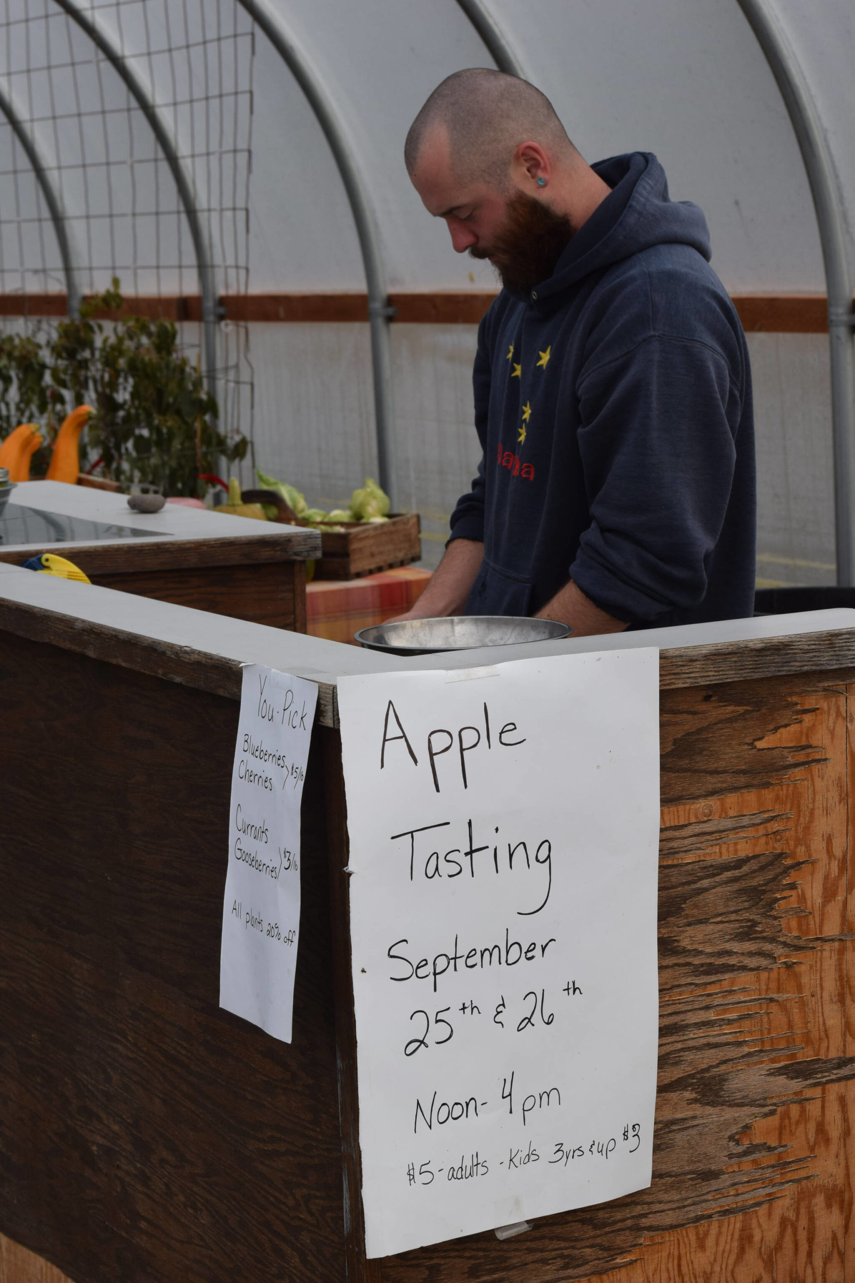 Nic Ashley works the apple tasting at O’Brien Garden and Trees in Nikiski, Alaska, on Saturday, Sept. 25, 2021. (Camille Botello/Peninsula Clarion)