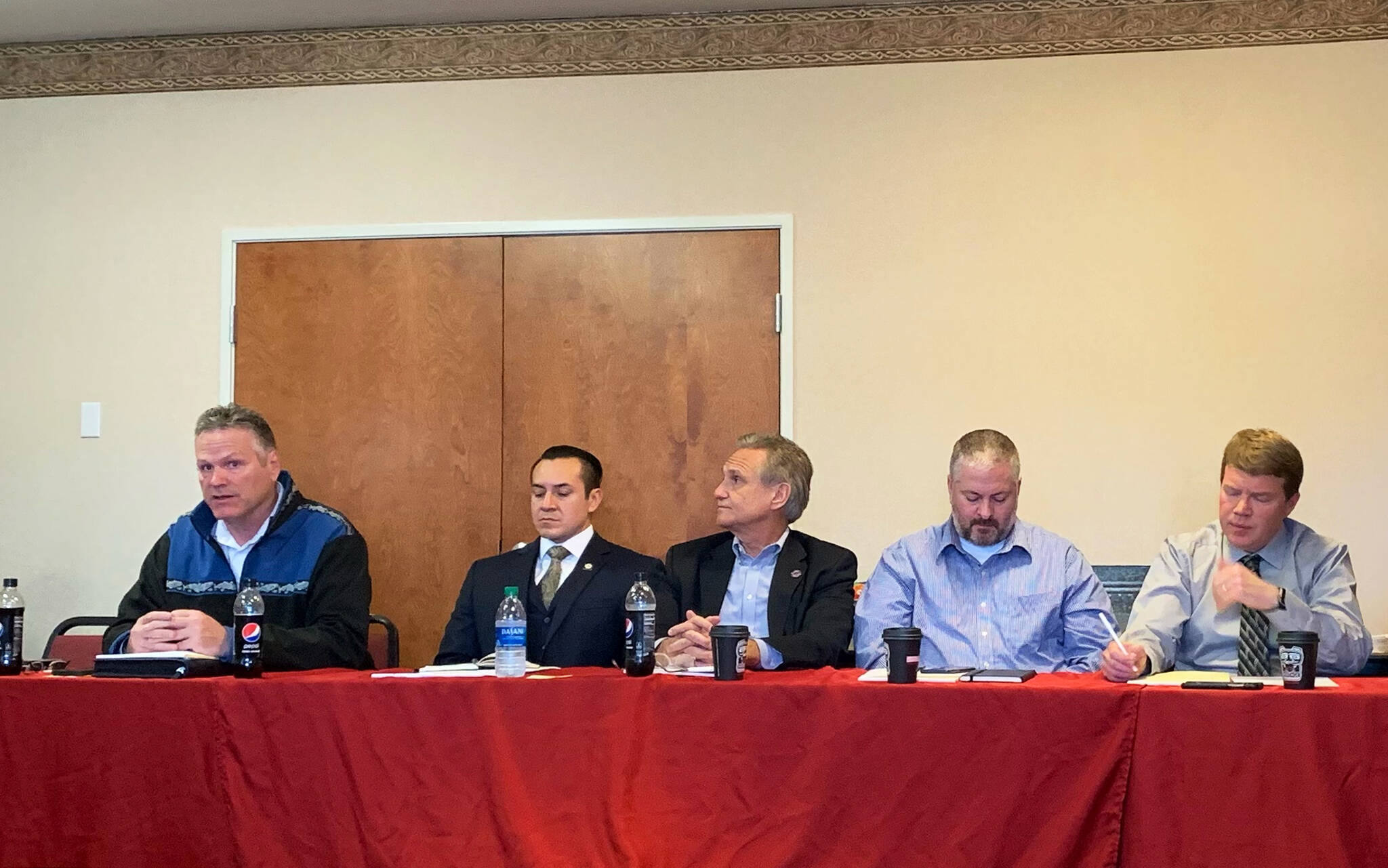 Gov. Mike Dunleavy speaks at a meeting with members of his cabinet at the Aspen Hotel on Tuesday, September 28, 2021, in Soldotna, Alaska. (Ashlyn O’Hara/Peninsula Clarion)