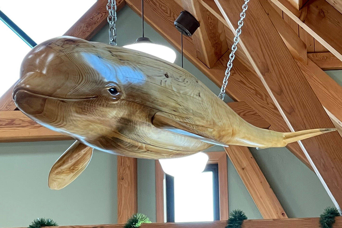 A wood-carved whale hangs in the Nikiski Senior Center on Sept. 23, 2021. (Photo courtesy of the Nikiski Senior Center)