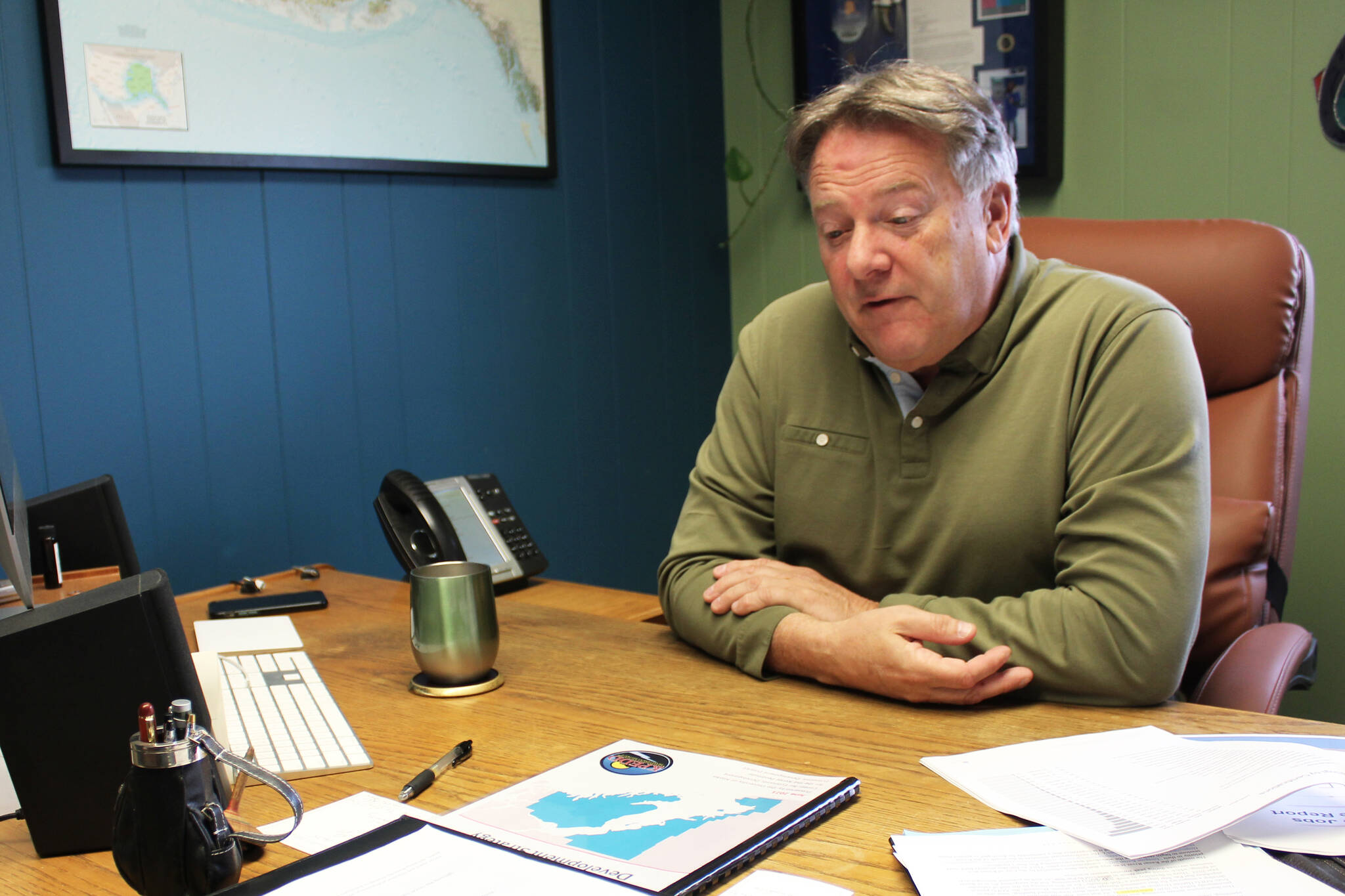 KPEDD Executive Director Tim Dillon sits in his office on Thursday, Sept. 30, 2021 north of Kenai, Alaska. (Ashlyn O’Hara/Peninsula Clarion)