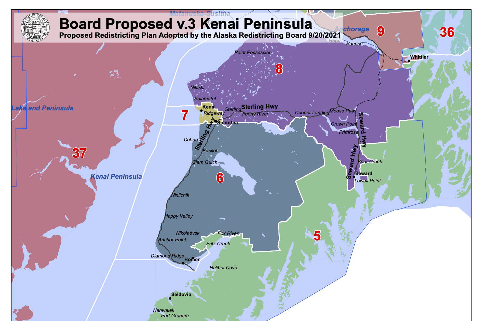 Version 3 of the Alaska Redistricting Board’s proposal for the Kenai Peninsula keeps intact most of District 31, now called District 6, but puts the Fritz Creek and Fox River areas into a new District 5 that includes the southern shore of Kachemak Bay and Kodiak Island. (Photo courtesy of Alaska Redistricting Board)