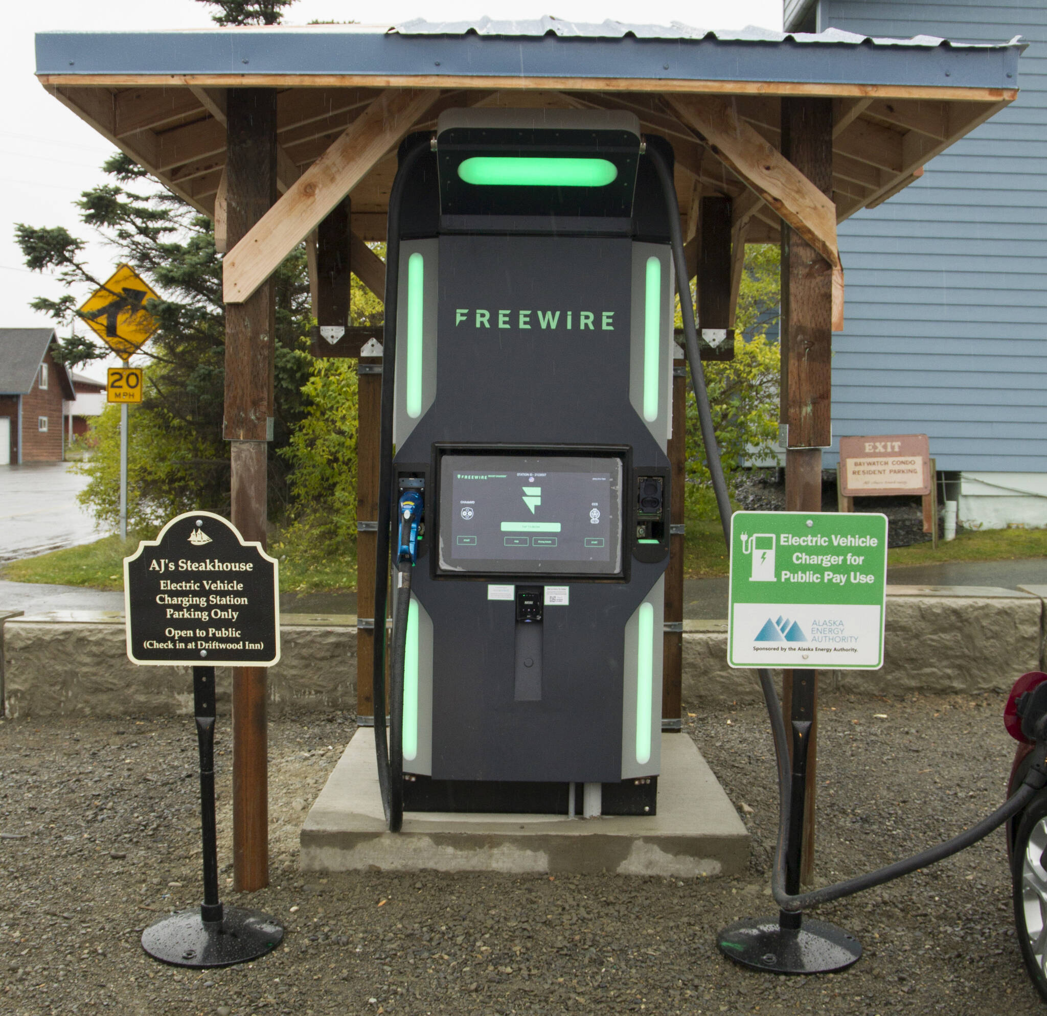 The FreeWire electric vehicle fast-charging station is located at AJ’s Steakhouse. (Photo by Sarah Knapp/Homer News)