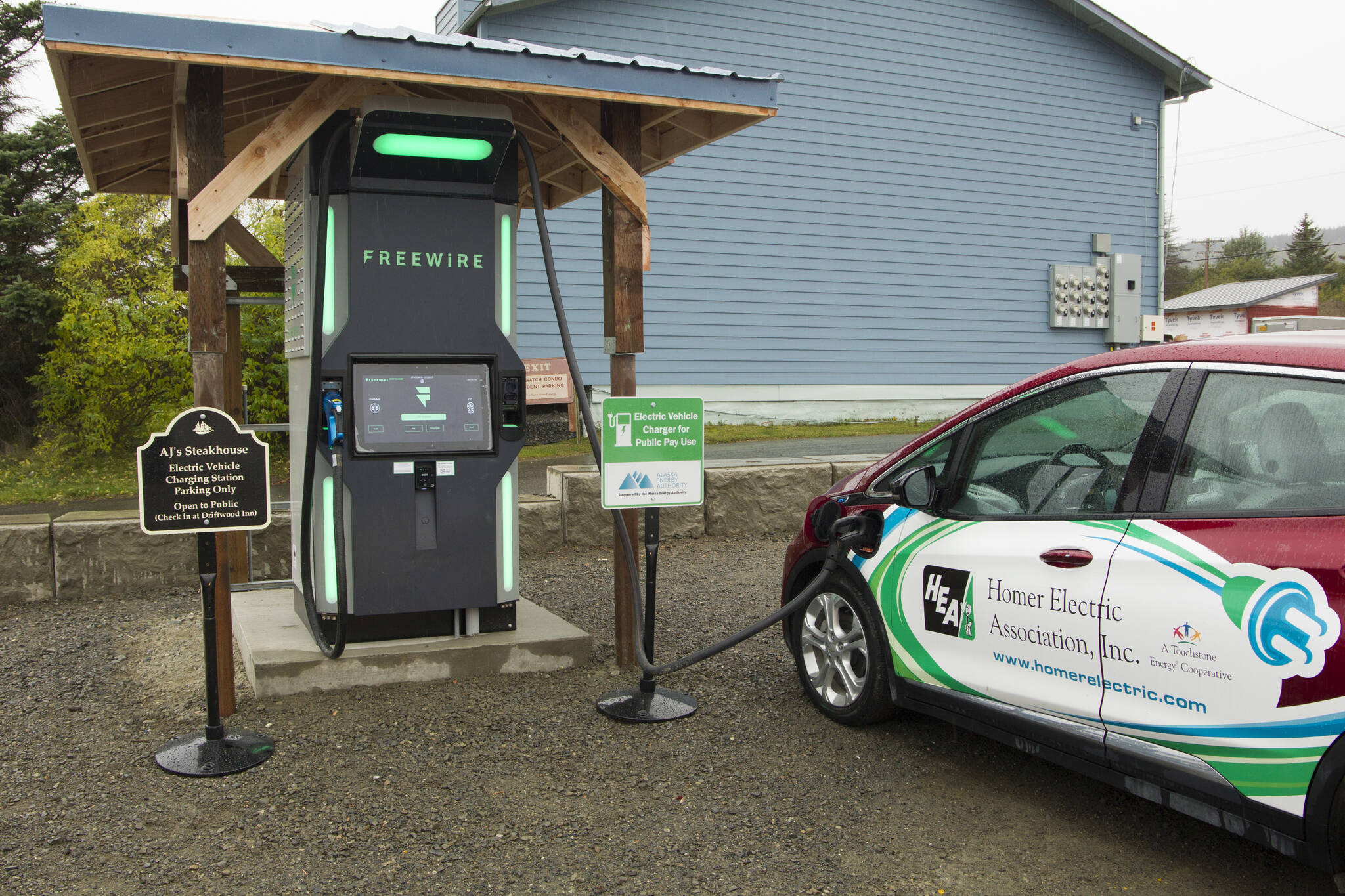 The very first FreeWire ultrafast Electric Vehicle charger in Alaska was installed at AJ’s Steakhouse last week. The charging station is the first of nine EV charging stations that will connect Homer to Fairbanks. (Photo by Sarah Knapp/Homer News)