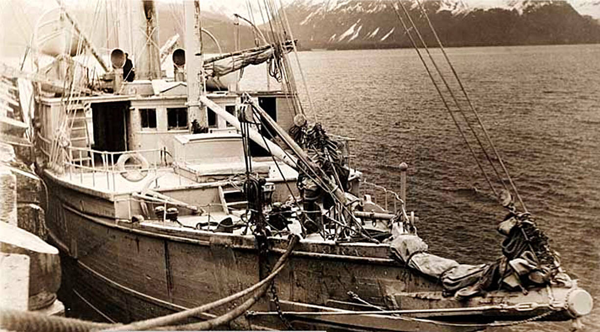 Photos from Alaska State Library photo collection 
In 1912, the S.S. Dora, covered in volcanic ash from the Katmai eruption, finally reached safe harbor and photographed by John E. Thwaites.