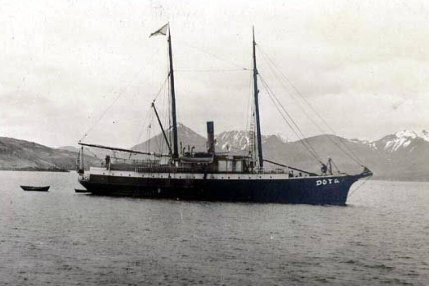 This John E. Thwaites photo shows the S.S. Dora near Sand Point, Alaska. Thwaites sailed as mail clerk on the Dora between at least 1905 and 1912. (Alaska State Library photo collection)