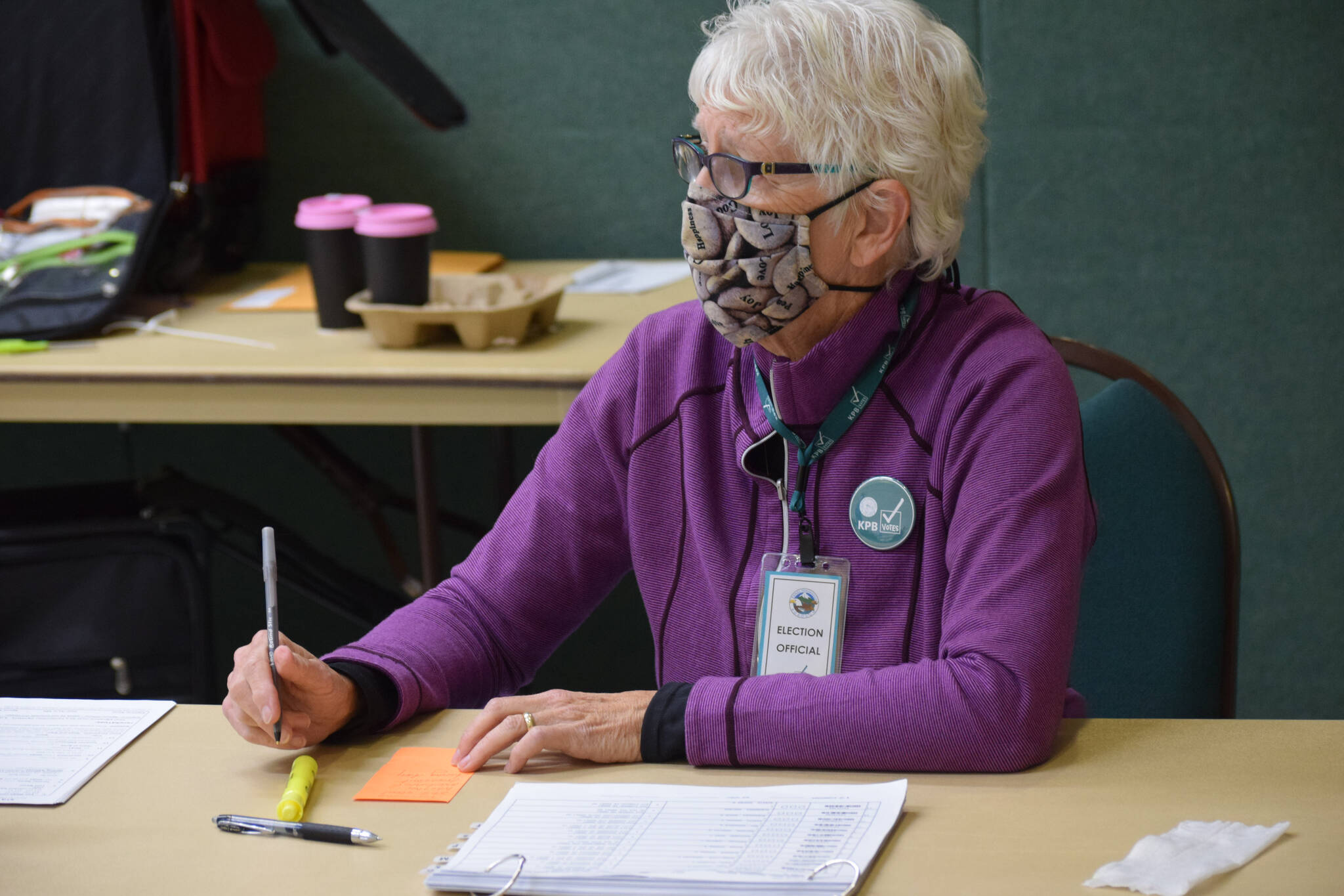 Susan Smalley works at the Kenai No. 2 precinct for Election Day on Tuesday, Oct. 5, 2021. (Camille Botello/Peninsula Clarion)