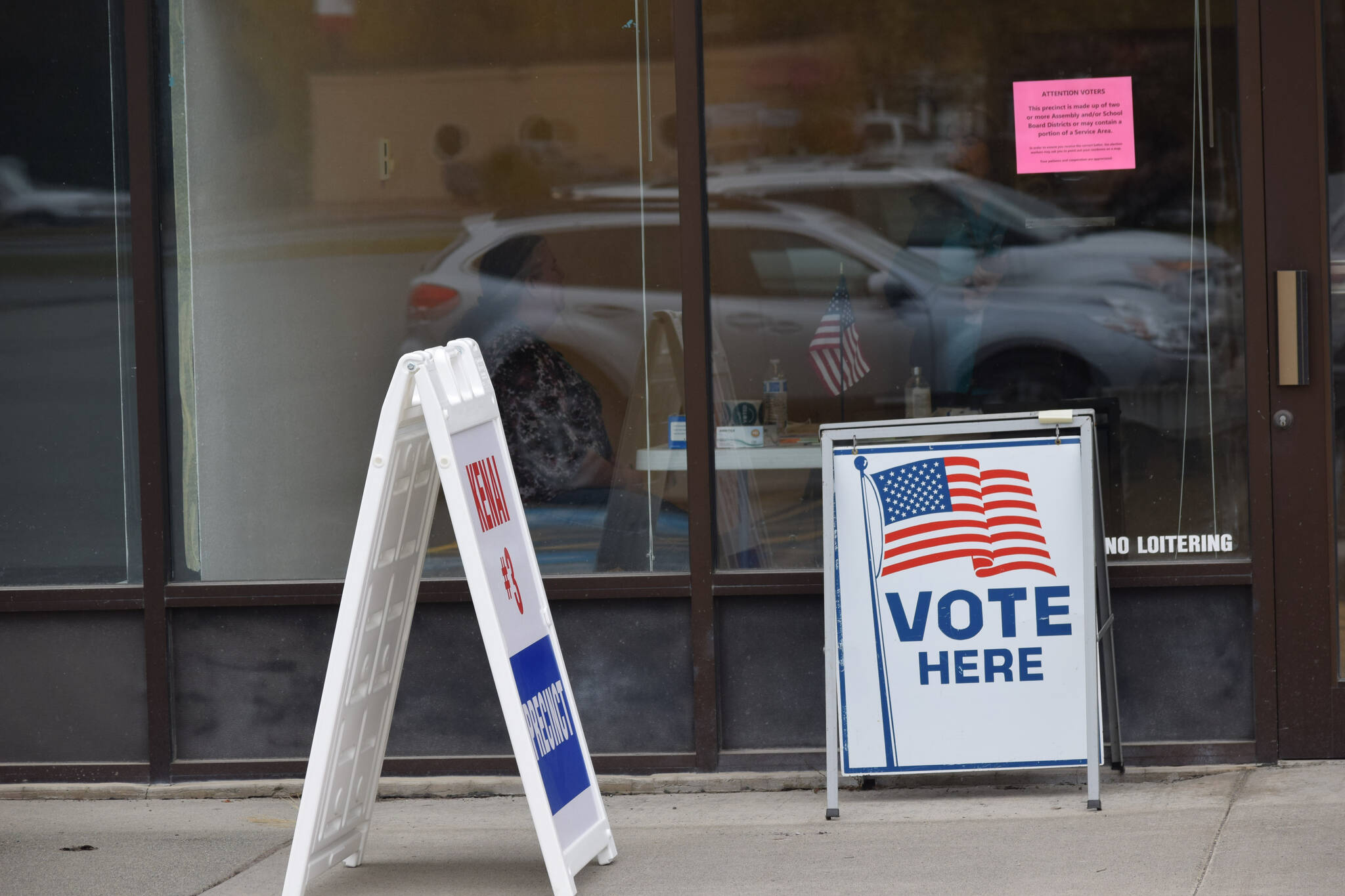 Signs direct voters at the Kenai No. 3 precinct for Election Day on Tuesday, Oct. 5, 2021 in Kenai, Alaska. (Camille Botello/Peninsula Clarion)