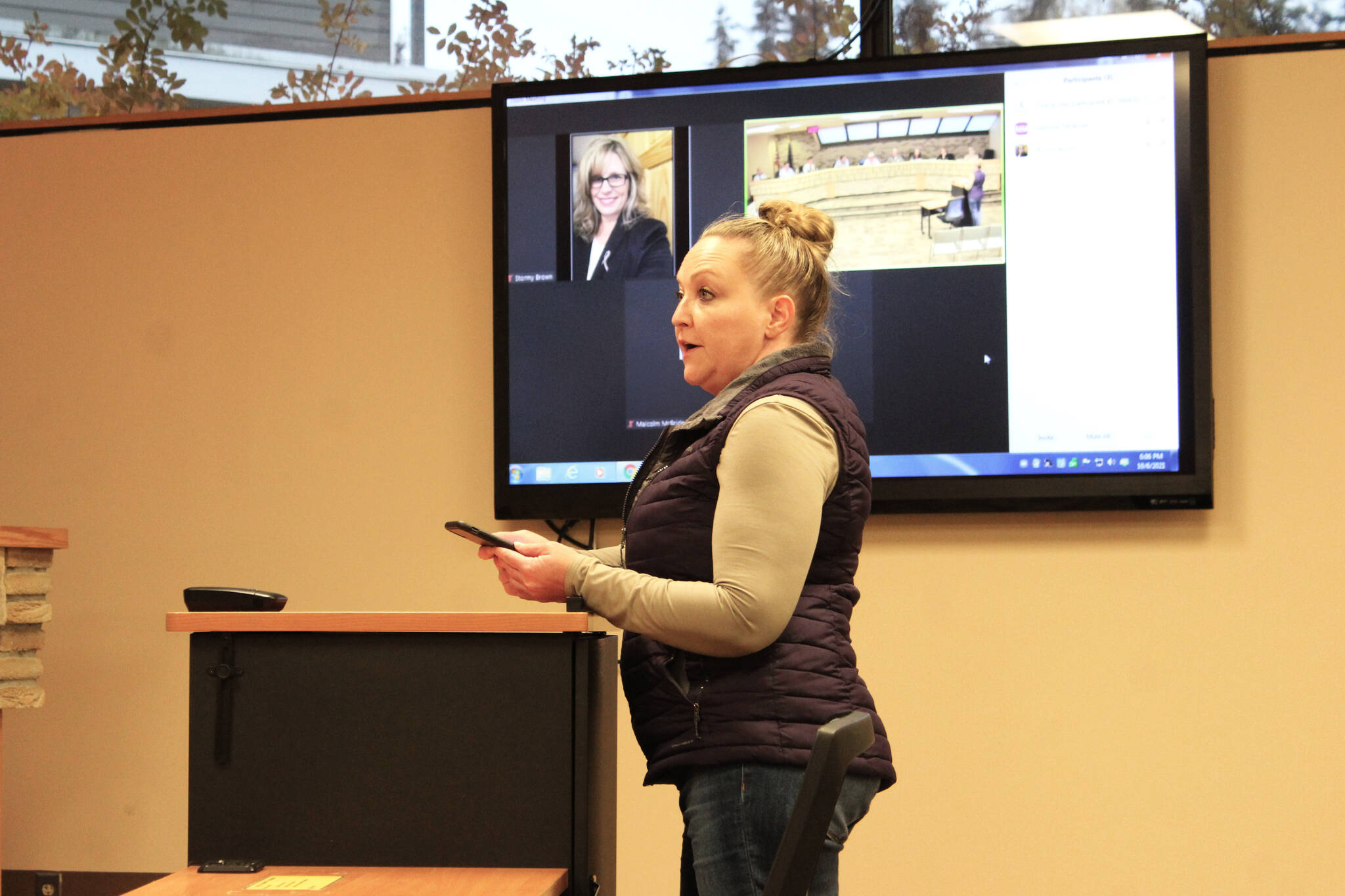 Lena Wissner testifies before the Kenai City Council in support of additional funding for a dog park in Kenai on Wednesday, Oct. 6, 2021 in Kenai, Alaska. (Ashlyn O’Hara/Peninsula Clarion)