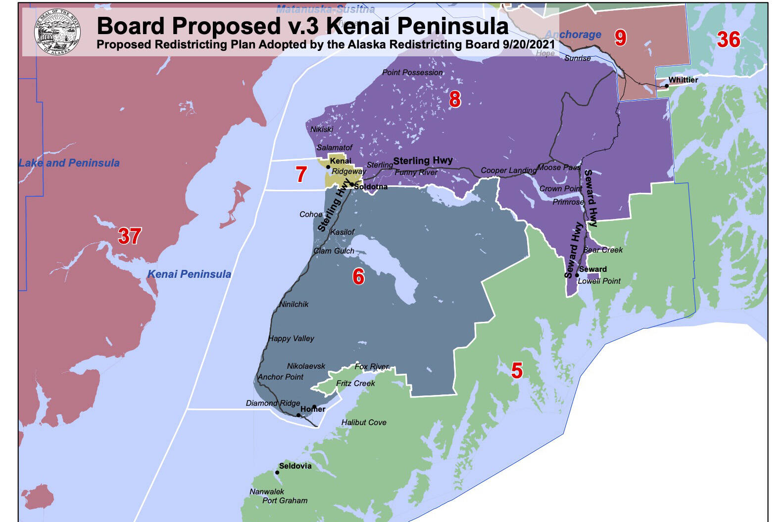 Version 3 of the Alaska Redistricting Board’s proposal for the Kenai Peninsula keeps intact most of District 31, now called District 6, but puts the Fritz Creek and Fox River areas into a new District 5 that includes the southern shore of Kachemak Bay and Kodiak Island. (Photo courtesy of Alaska Redistricting Board)