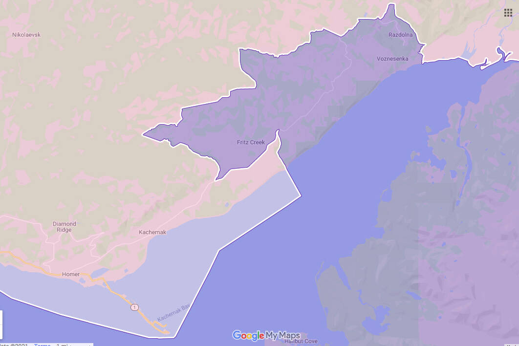 This screenshot shows the proposed House Districts for the southern Kenai Peninsula. The shaded pink area is District 5 and the shaded purple area is District 6. The Fritz Creek and Fox River areas currently in District 31 (the area now called District 5) would go into the Kodiak Island and Prince Willaim Sound District 6. The Fritz Creek and Fox River area starts at the Fritz Creek General Store near Mile 8 East End Road and includes the north side of East End Road. At East End Road and McNeil Canyon, all of East End Road to the end of the road is in the new district, including the villages of Razdolna, Voznesenka and Kachemak Selo. (Screen Capture/Alaska Redistricting Board/Google Maps)
