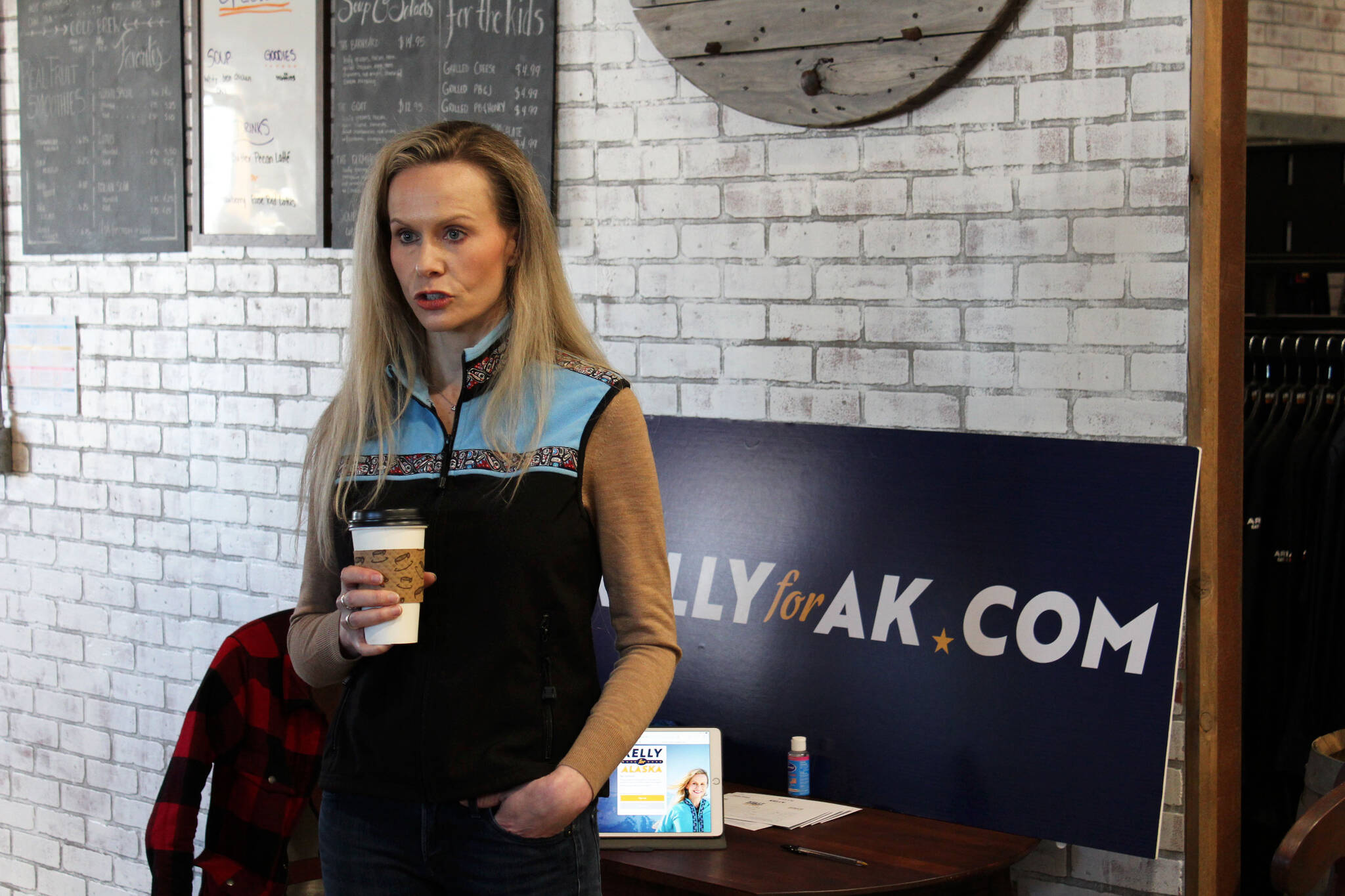 Kelly Tshibaka addresses members of the community at Nikiski Hardware & Supply on Friday, April 9, 2021 in Nikiski, Alaska. (Ashlyn O’Hara/Peninsula Clarion)