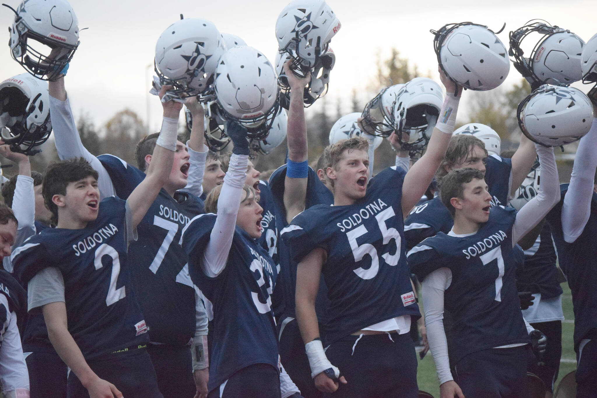 Soldotna celebrates its victory over North Pole in the Division II semifinals Friday, Oct. 8, 2021, at Justin Maile Field in Soldotna, Alaska. (Photo by Jeff Helminiak/Peninsula Clarion)