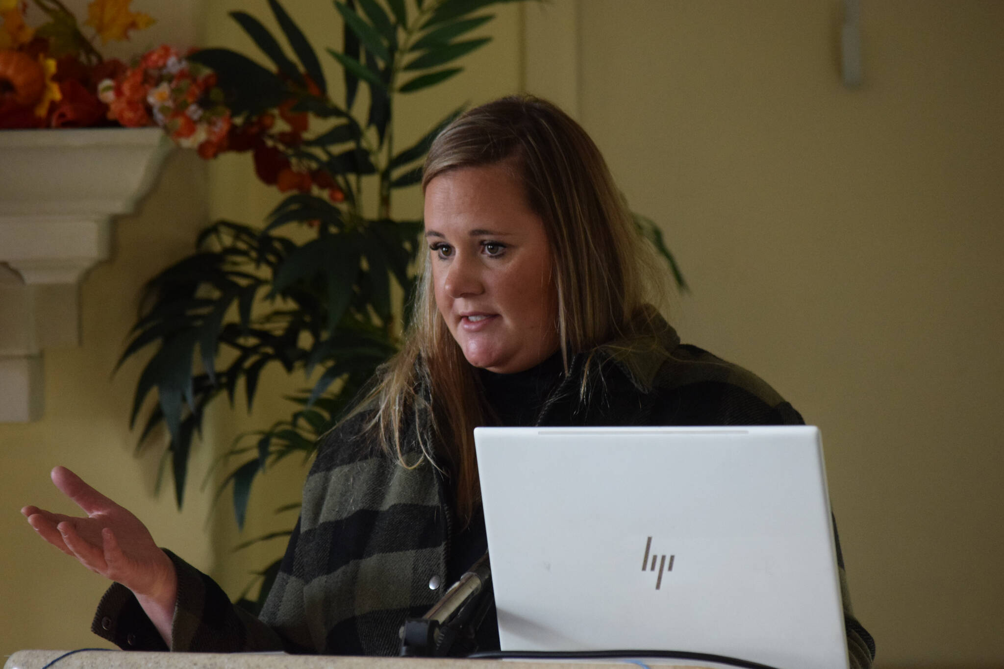Abby Struffert discusses the Ladies First breast and cervical cancer screening program at the joint Kenai and Soldotna Chamber meeting in Soldotna on Wednesday, Oct. 13, 2021. (Camille Botello/Peninsula Clarion)