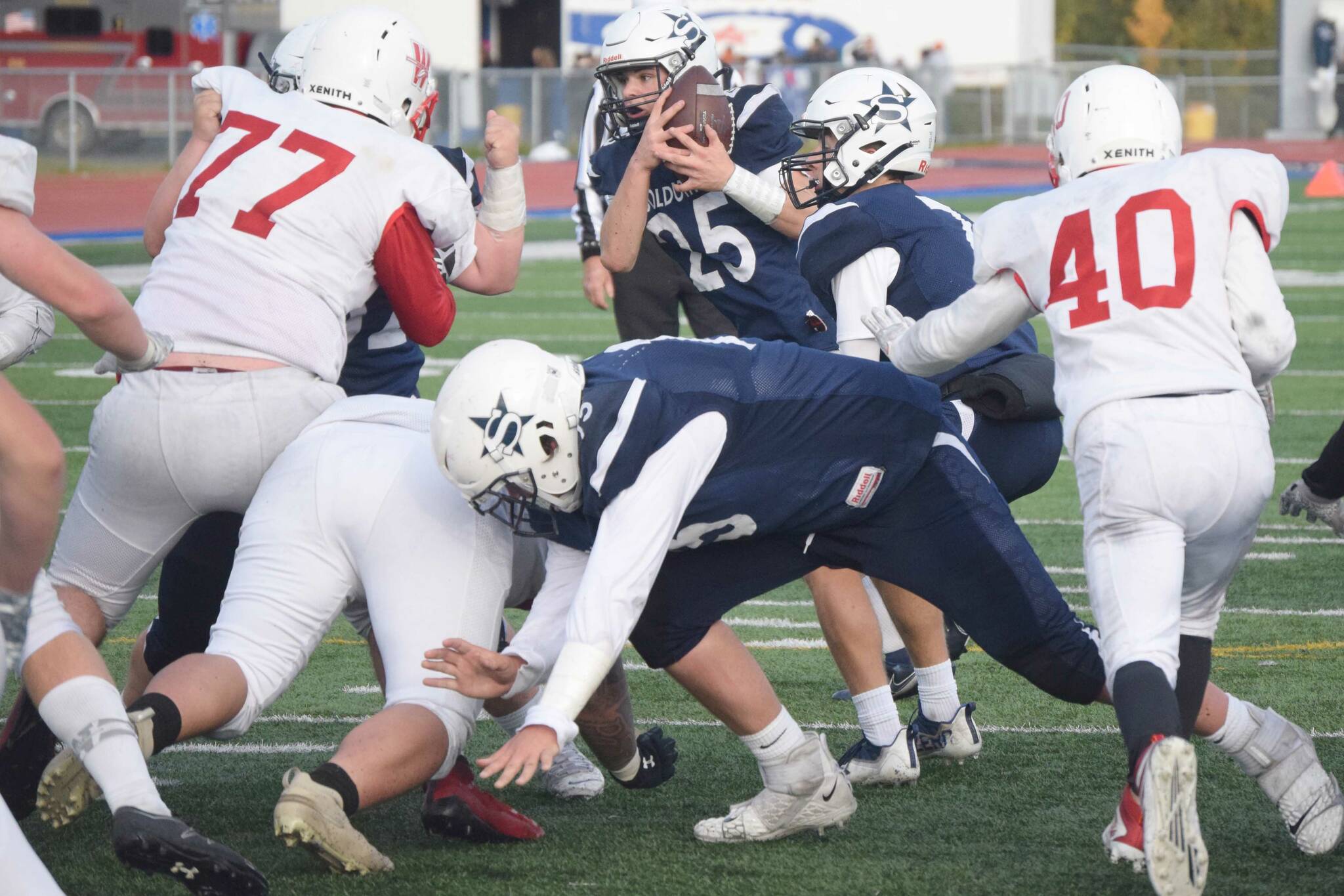 Soldotna’s Gehret Medcoff runs for a touchdown against Wasilla on Friday, Sept. 24, 2021, at Justin Maile Field in Soldotna, Alaska. (Photo by Jeff Helminiak/Peninsula Clarion)