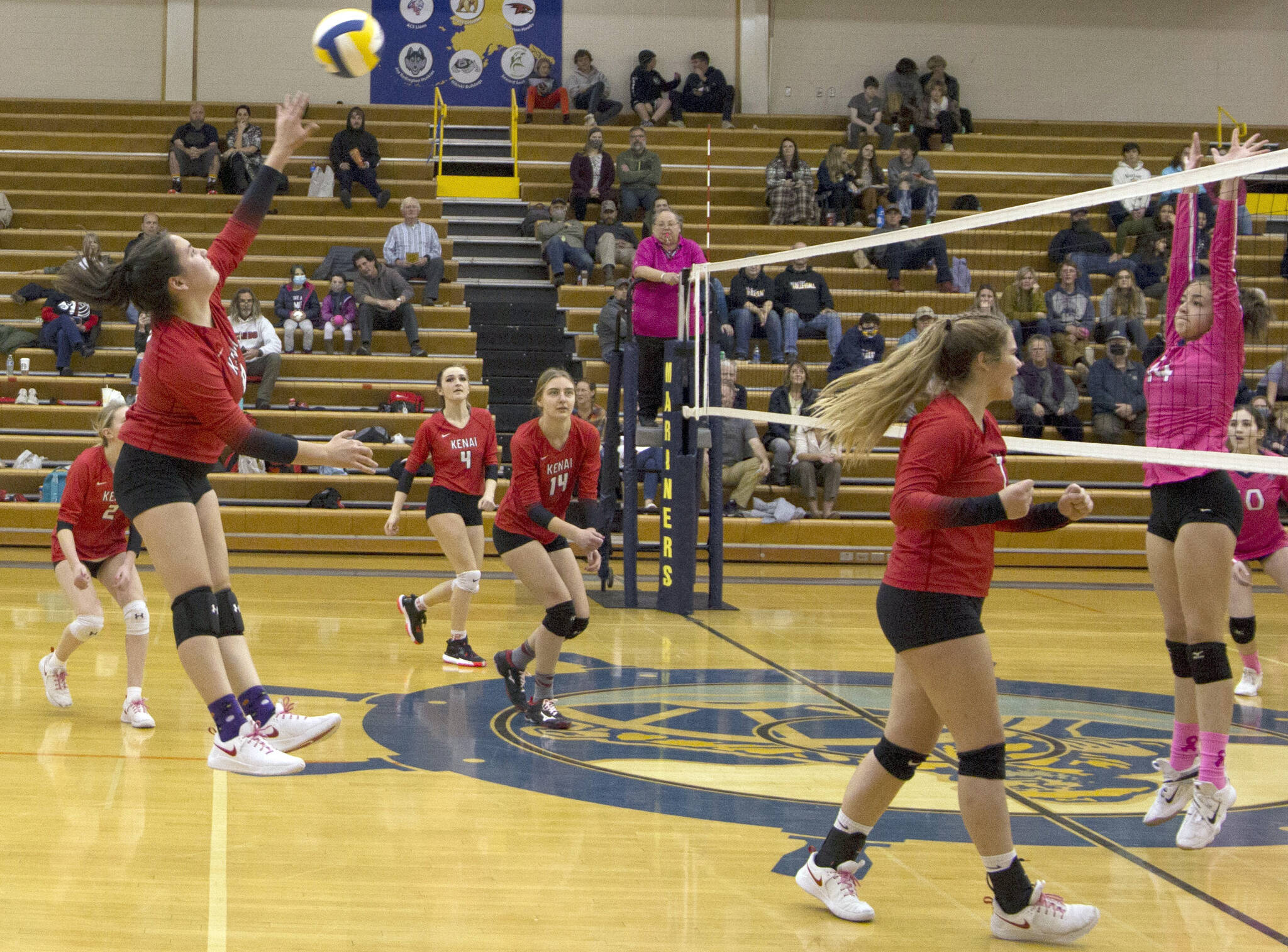 Kenai Central’s Jorgi Phillips attacks against Homer on Tuesday, Oct. 19, 2021, at Homer High School in Homer, Alaska. (Photo by Sarah Knapp/Homer News)