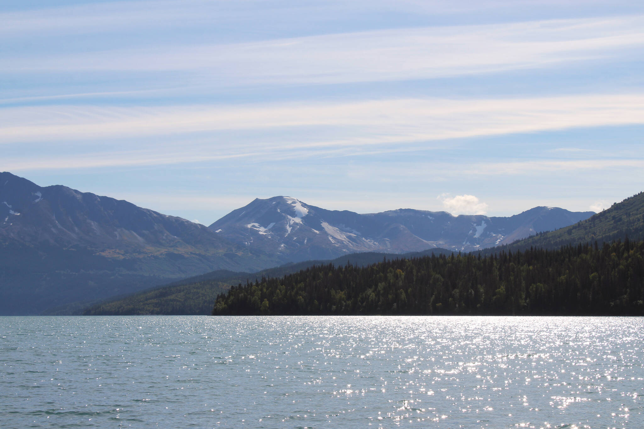 Kenai Lake sparkles under the sun on Saturday, Sept. 11, 2021 near Cooper Landing, Alaska. (Ashlyn O'Hara/Peninsula Clarion)