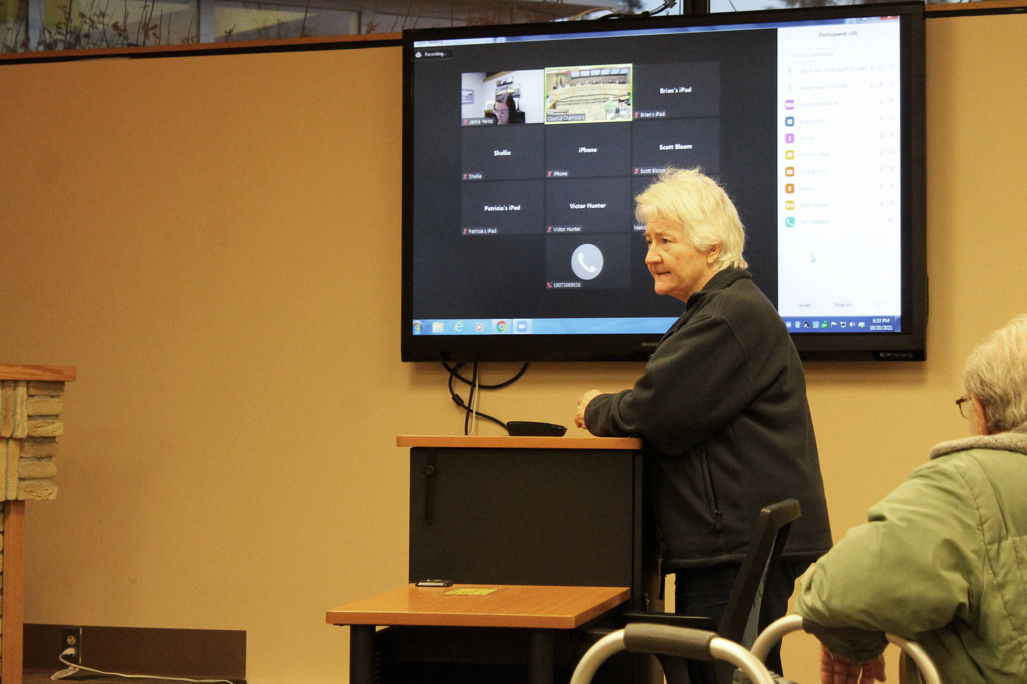 Christine Hutchison, who lives in Kenai and also serves on the Kenai Harbor Commission, testifies in support of the use of alternative treatments for COVID-19 during a meeting of the Kenai City Council on Wednesday, Oct. 20, 2021 in Kenai, Alaska. (Ashlyn O’Hara/Peninsula Clarion)