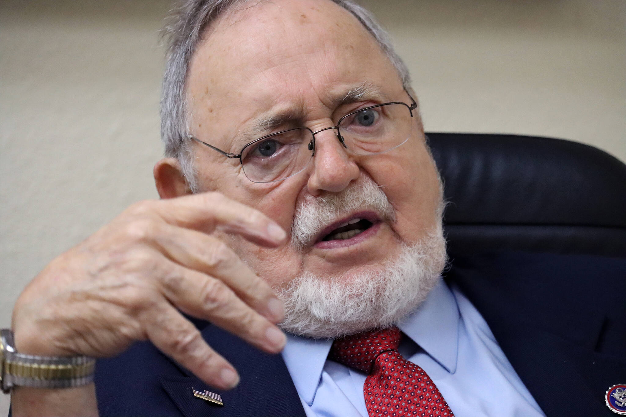 Rep. Don Young talks during a June 2021 interview with the Empire. (Ben Hohenstatt / Juneau Empire File)