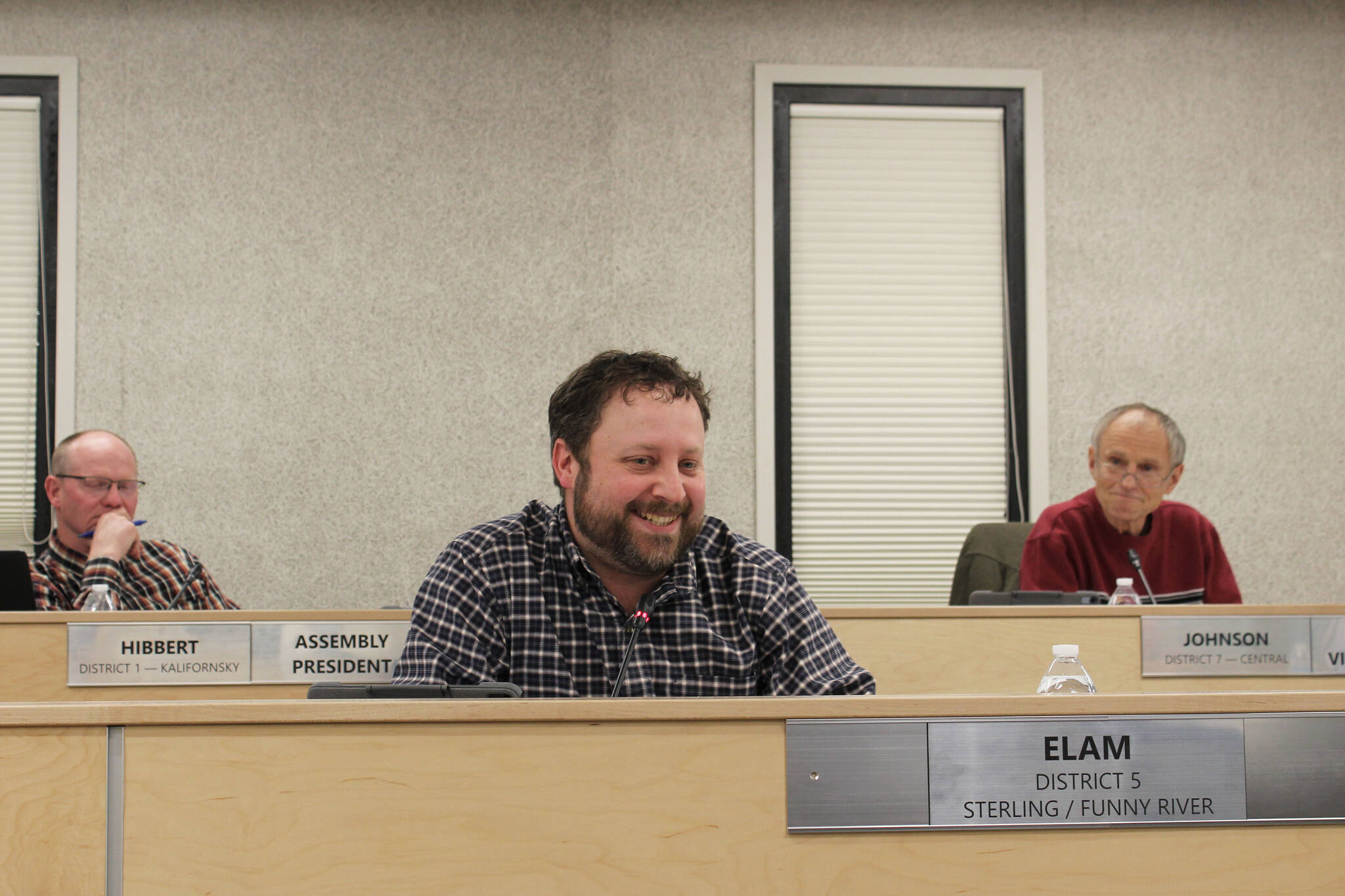 Bill Elam (center) nominates Brent Hibbert to be president of the Kenai Peninsula Borough Assembly on Tuesday, Oct. 26, 2021 in Soldotna, Alaska. (Ashlyn O’Hara/Peninsula Clarion)