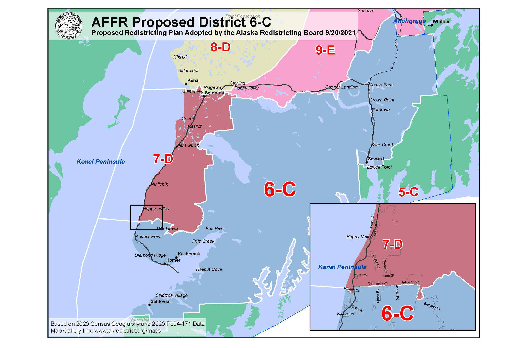 Alaskans for Fair Redistricting proposes a House District 6-C centered around the southern and eastern Kenai Peninsula that includes Homer, Anchor Point, Seldoiva and Seward in one district. It also puts the Russian Old Believer communities of Nikolaevsk, Razdolna, Voznesenka and Kachemak Selo in the same district. (Map courtesy of Alaskans for Fair Redistricting)