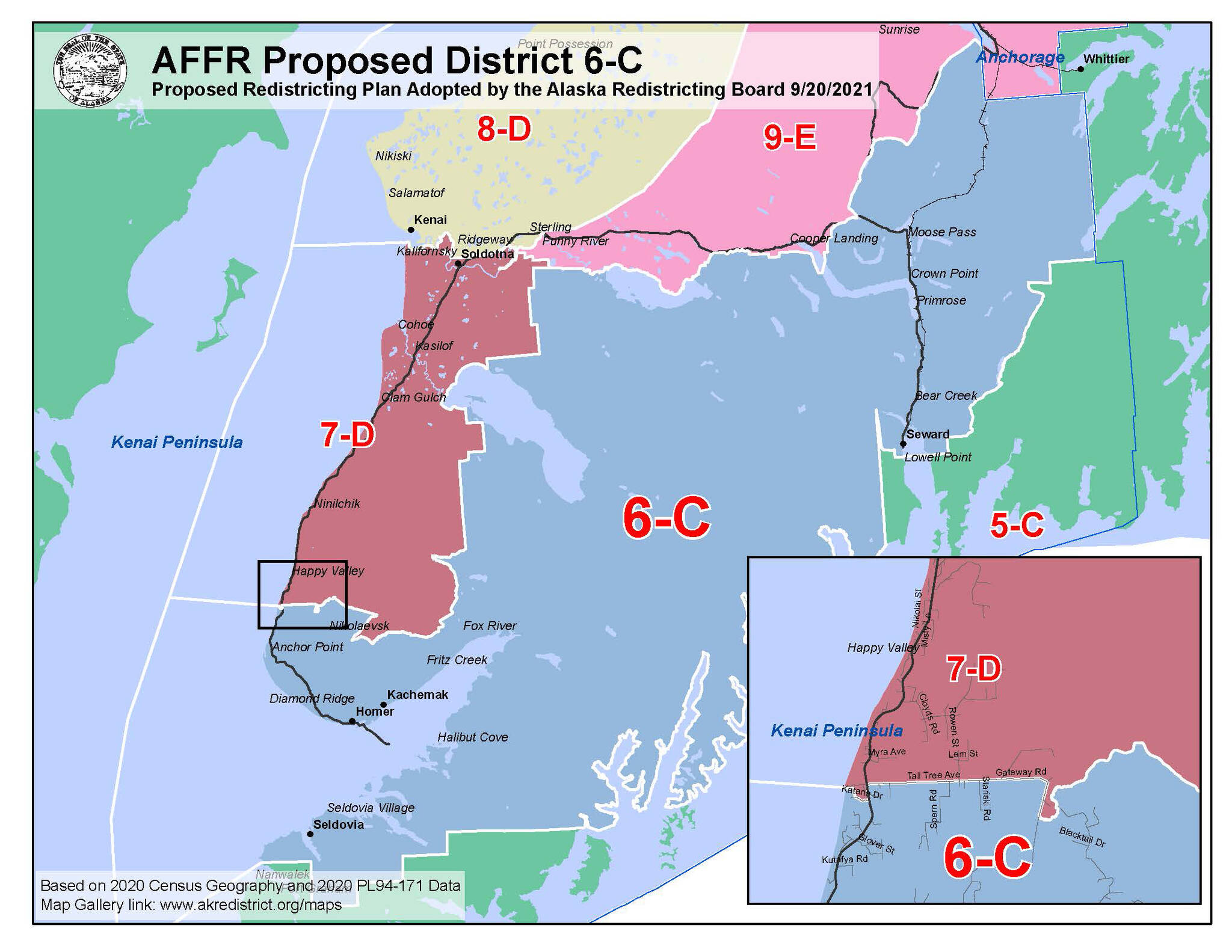 Alaskans for Fair Redistricting proposes a House District 6-C centered around the southern and eastern Kenai Peninsula that includes Homer, Anchor Point, Seldoiva and Seward in one district. It also puts the Russian Old Believer communities of Nikolaevsk, Razdolna, Voznesenka and Kachemak Selo in the same district. (Map courtesy of Alaskans for Fair Redistricting)