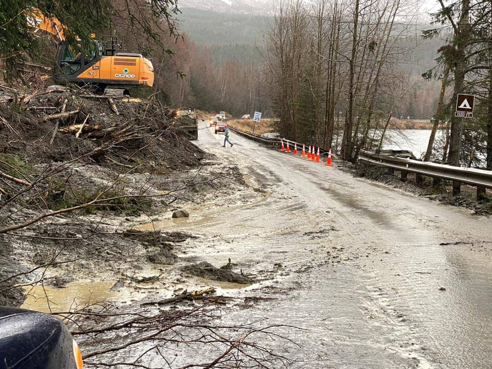 A landslide covers part of the Sterling Highway near Cooper Landing on Sunday, Oct. 31, 2021 near Cooper Landing, Alaska. (Photo courtesy Alaska Department of Transportation and Public Facilities)