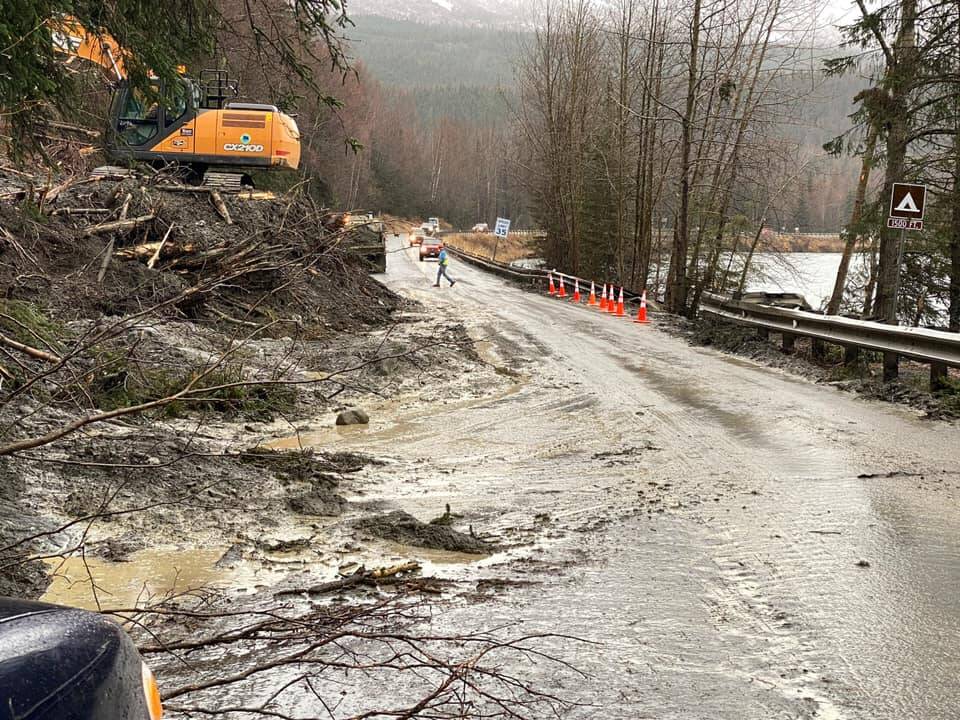 A landslide covers part of the Sterling Highway near Cooper Landing on Sunday, Oct. 31, 2021 near Cooper Landing, Alaska. (Photo courtesy Alaska Department of Transportation and Public Facilities)