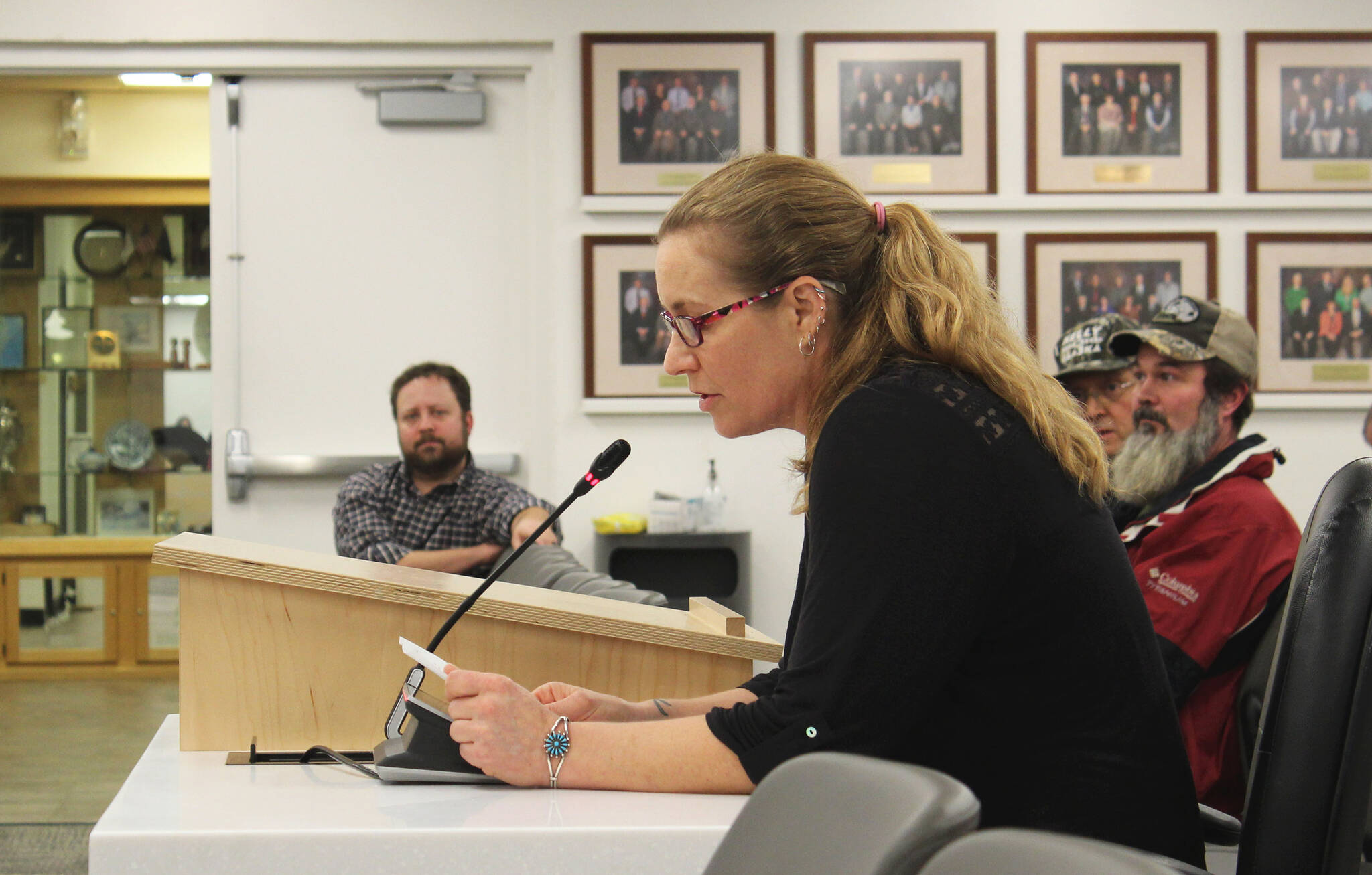 Kenai Peninsula Education Assocation Human Civil Rights Committee Chair and Soldotna High School Librarian Tamra Wear testifies before the Kenai Peninsula Borough School District Board of Education during a school board meeting on Monday, Nov. 1, 2021 in Soldotna, Alaska. (Ashlyn O’Hara/Peninsula Clarion)