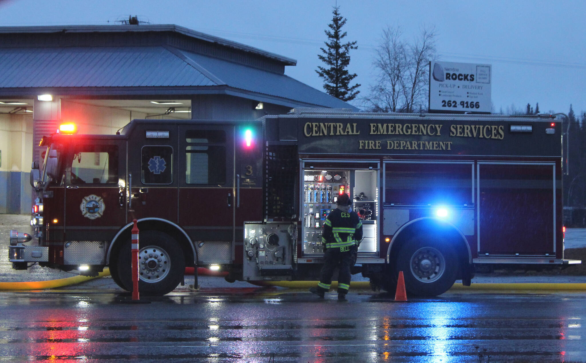 Emergency medical services respond to a structure fire at Amerigas on Thursday, Nov. 4, 2021 in Soldotna, Alaska. (Ashlyn O’Hara/Peninsula Clarion)