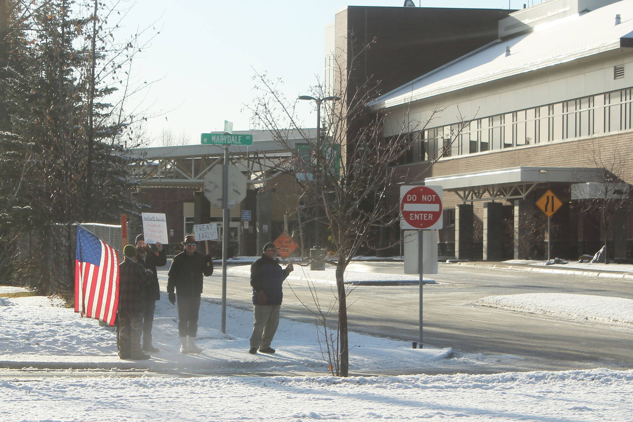 Protesters demonstrate outside of Central Peninsula Hospital on Friday, Nov. 5, 2021 in Soldotna, Alaska. The group was advocating for the use of ivermectin as a treatment option for a COVID-19 patient hospitalized at CPH. (Ashlyn O’Hara/Peninsula Clarion)