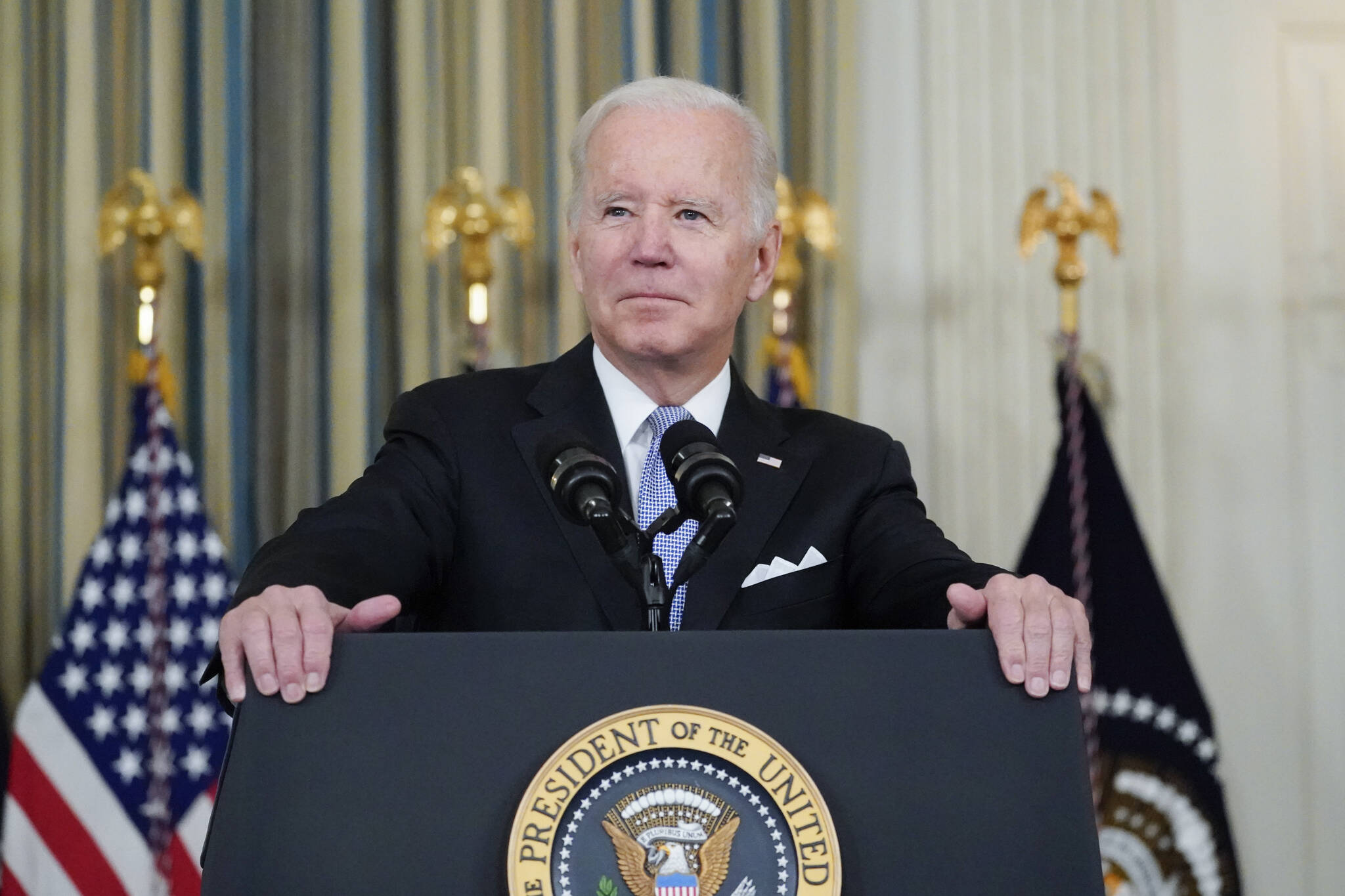 President Joe Biden speaks about the bipartisan infrastructure bill in the State Dinning Room of the White House, Saturday, Nov. 6, 2021, in Washington. (AP Photo/Alex Brandon)