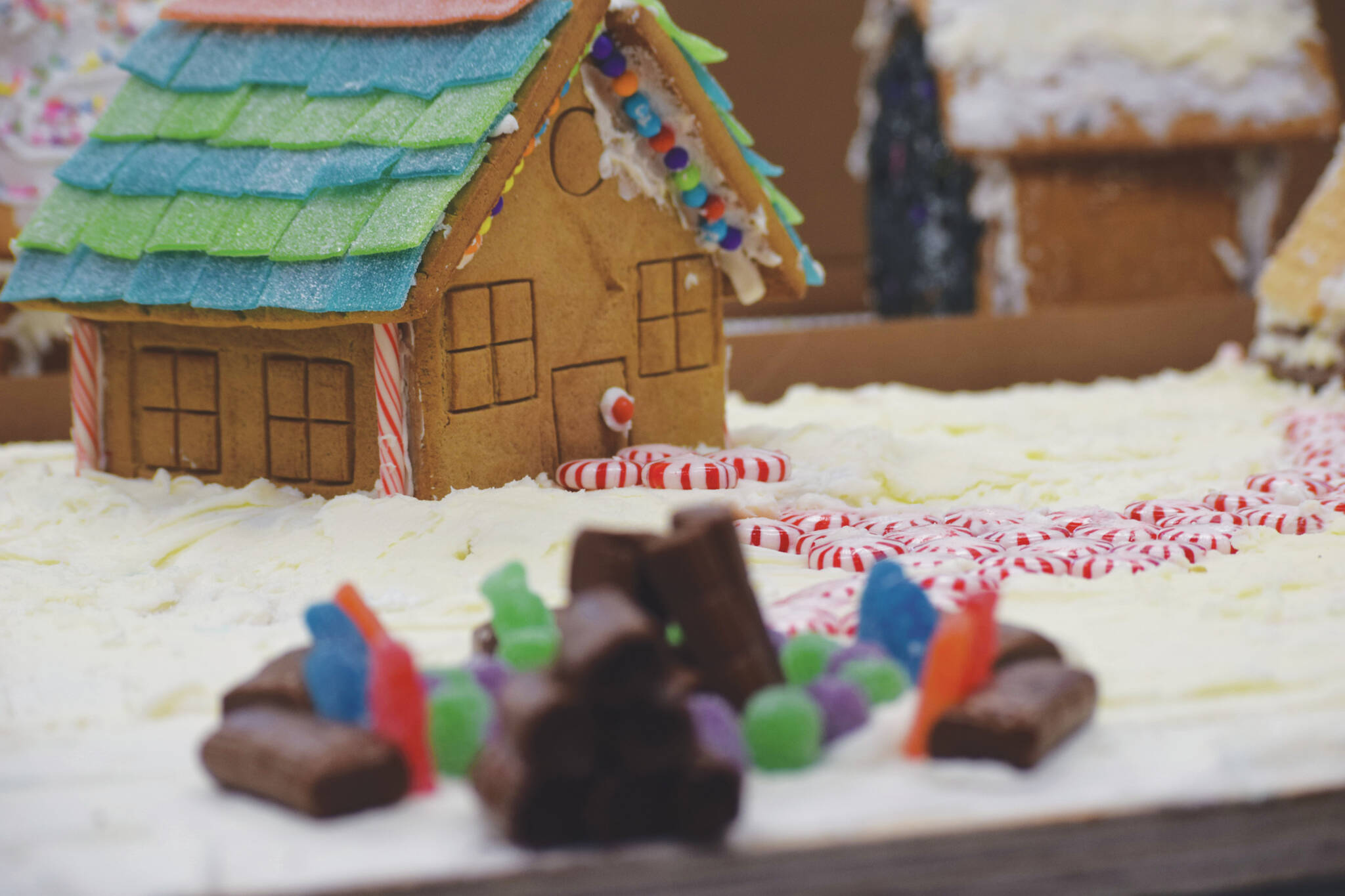 A gingerbread house waits to be judged at the Kenai Chamber of Commerce and Visitor Center on Monday, Nov. 8, 2021. (Camille Botello/Peninsula Clarion)