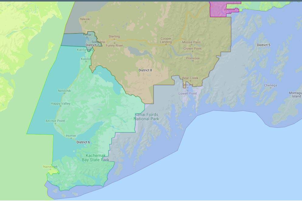 The 2021 Final Redistricting Map features newly drawn boundaries for Alaska State House races on the Kenai Peninsula. (akredistrict.org/Screenshot)