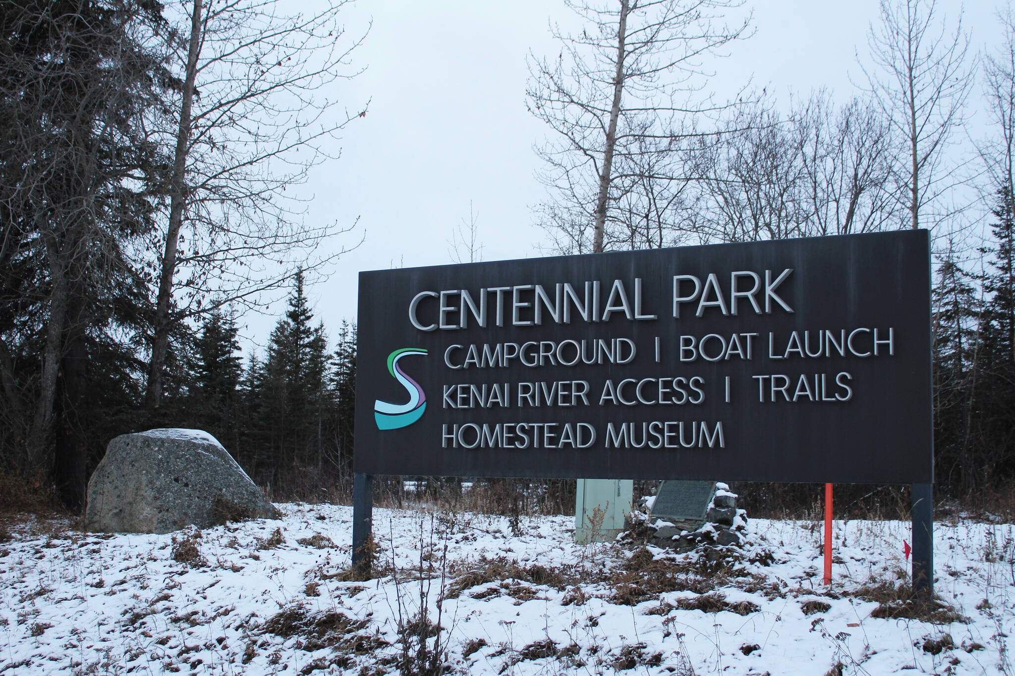 A sign marks the entrance of Centennial Park and Campground on Tuesday, Nov. 9, 2021 in Soldotna, Alaska. (Ashlyn O’Hara/Peninsula Clarion)