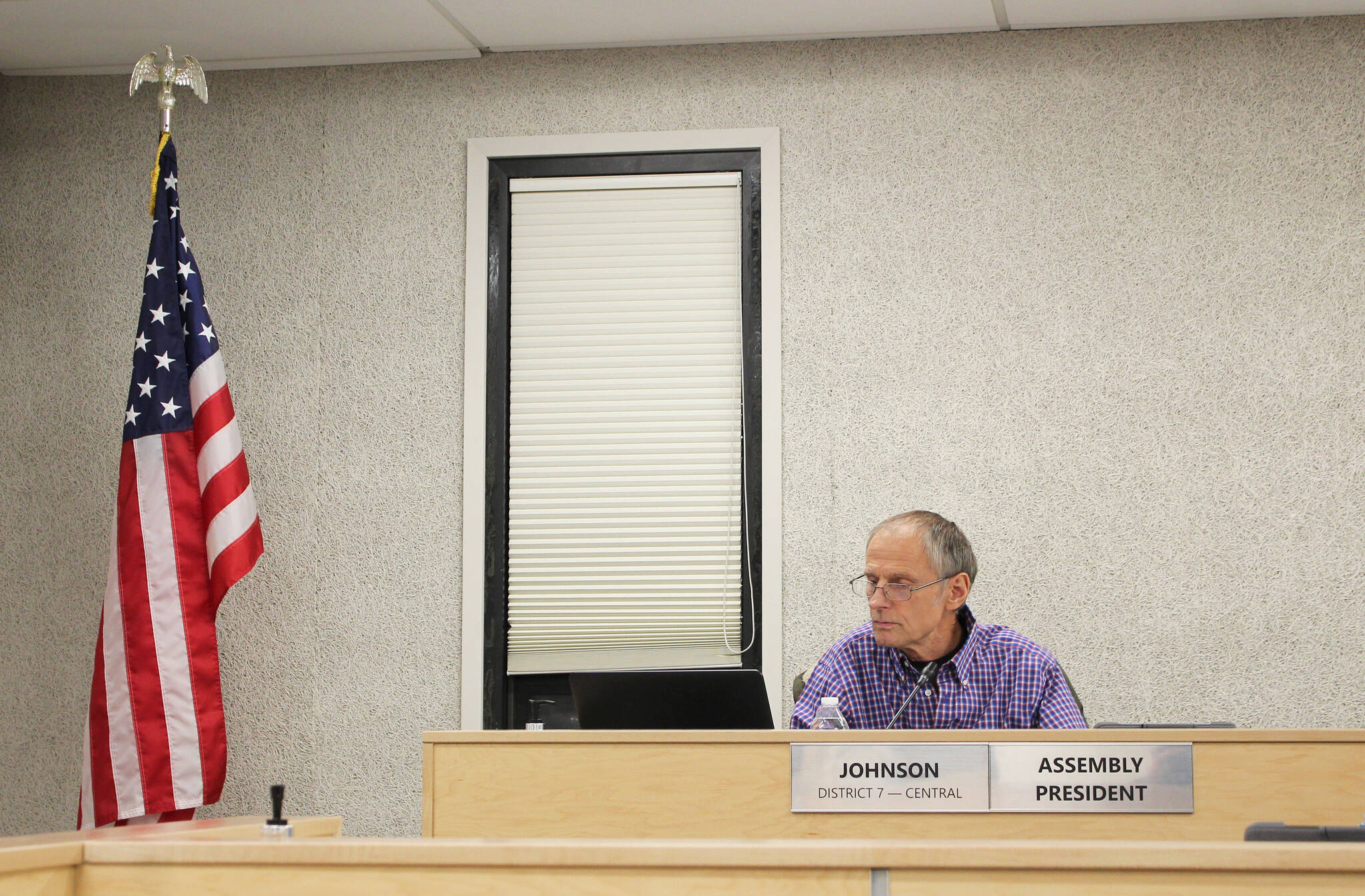 Kenai Peninsula Borough Assembly President Brent Johnson presides over a meeting of the assembly on Tuesday, Nov. 10, 2021 in Soldotna, Alaska. (Ashlyn O’Hara/Peninsula Clarion)