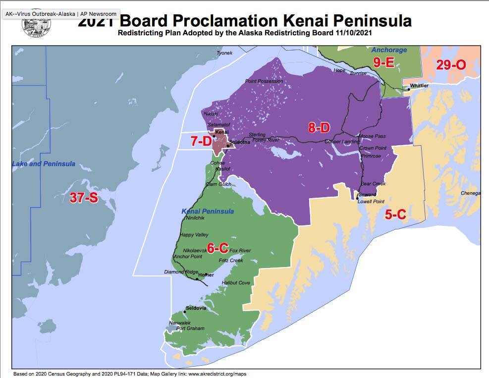 The 2021 Board Proclamation for the Kenai Peninsula shows the redistricting plan adopted by the Alaska Redistricting Board on Nov. 10, 2021. (akredistrict.org)