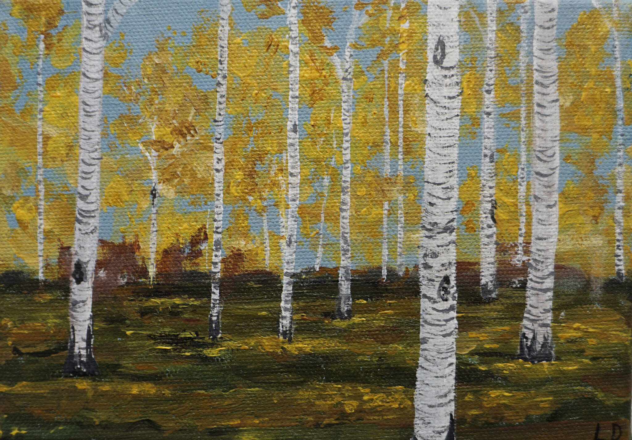 Leah Dunn’s “Birch Grove in Autumn” is one of the works showing in the Homer Council on the Arts “Fun wtih 5x7” show through Dec. 22, 2021, at the gallery in Homer, Alaska. (Photo by Michael Armstrong/Homer News)