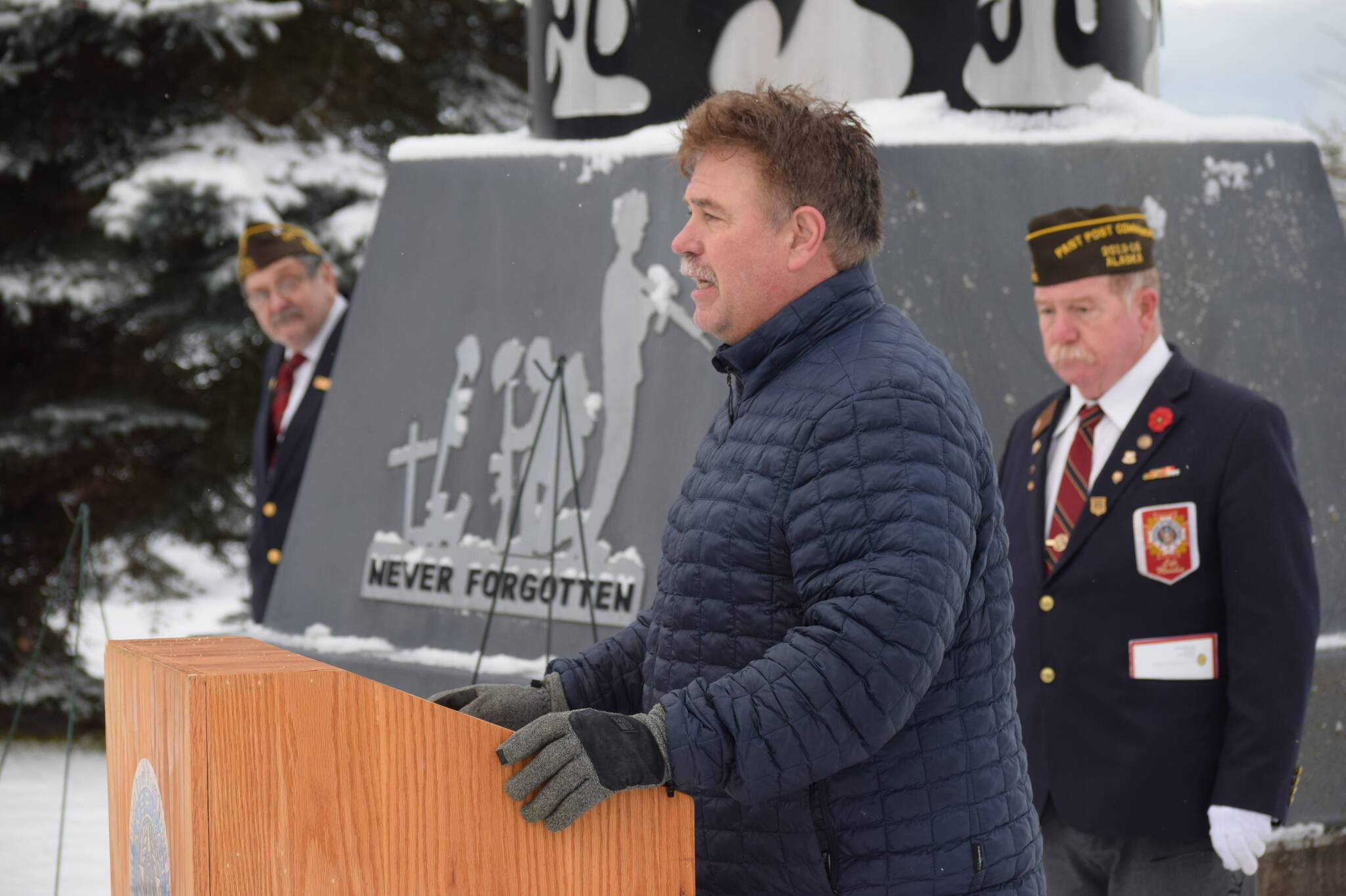 Kenai city mayor Brian Gabriel speaks at the Veterans Day celebration at Leif Hansen Memorial Park on Thursday, Nov. 11, 2021. (Camille Botello/Peninsula Clarion)