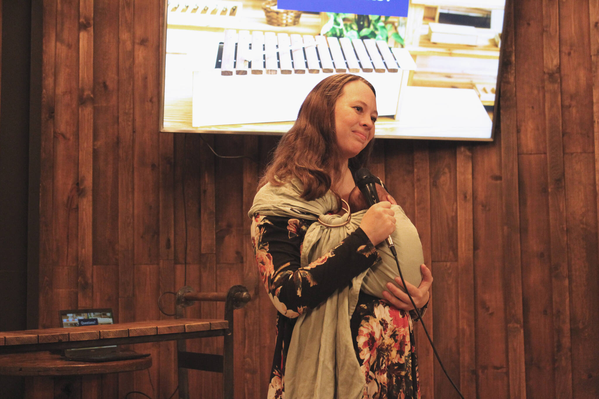 Delana Green fields questions from a panel of judges during a “Spark Soldotna” event at the Lone Moose Lodge on Friday, Nov. 12, 2021 in Soldotna, Alaska. (Ashlyn O’Hara/Peninsula Clarion)